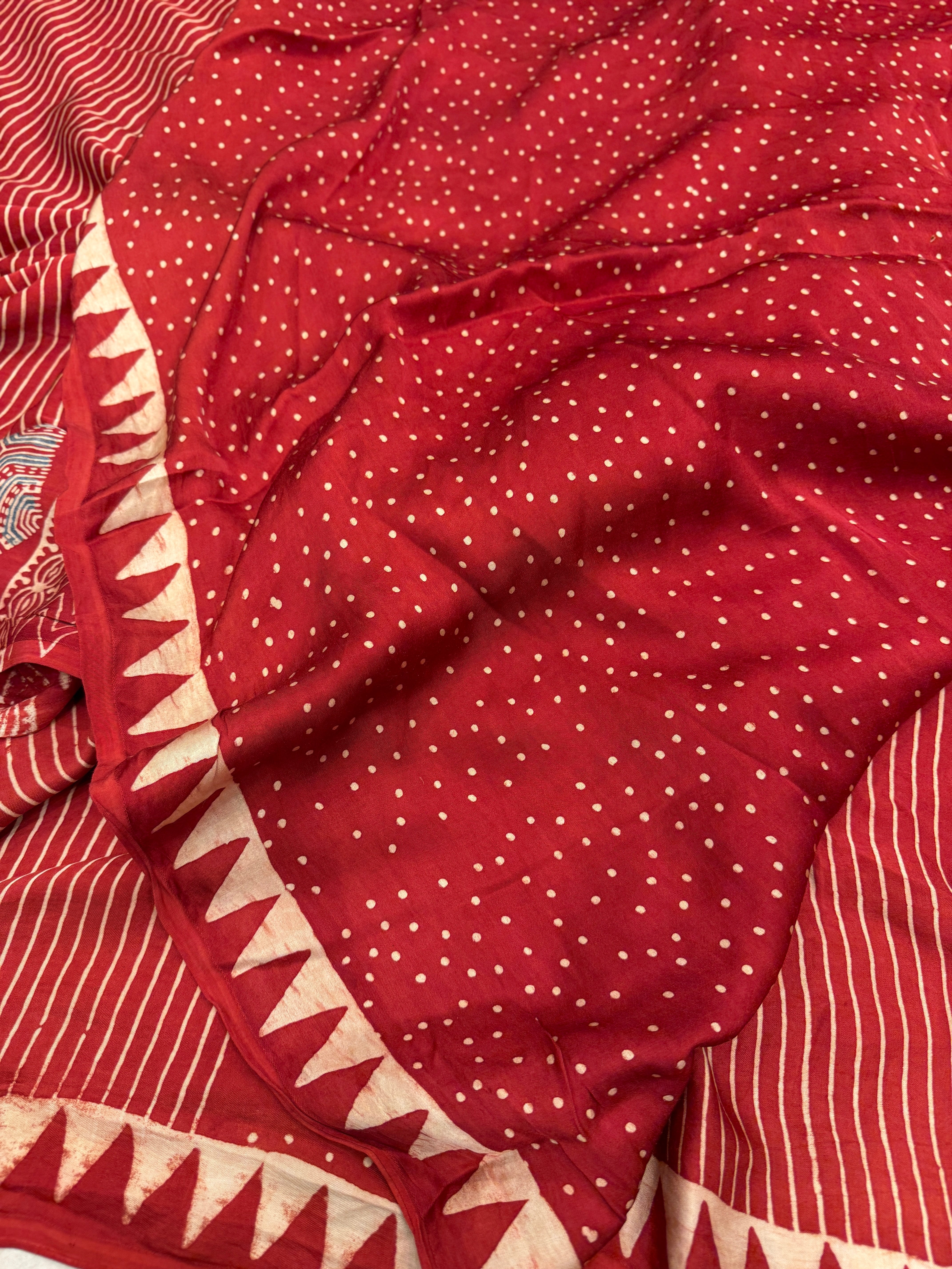 Red Hexa Butta Pallu Ajrakh Hand Block Print Pure Gajji Silk Saree