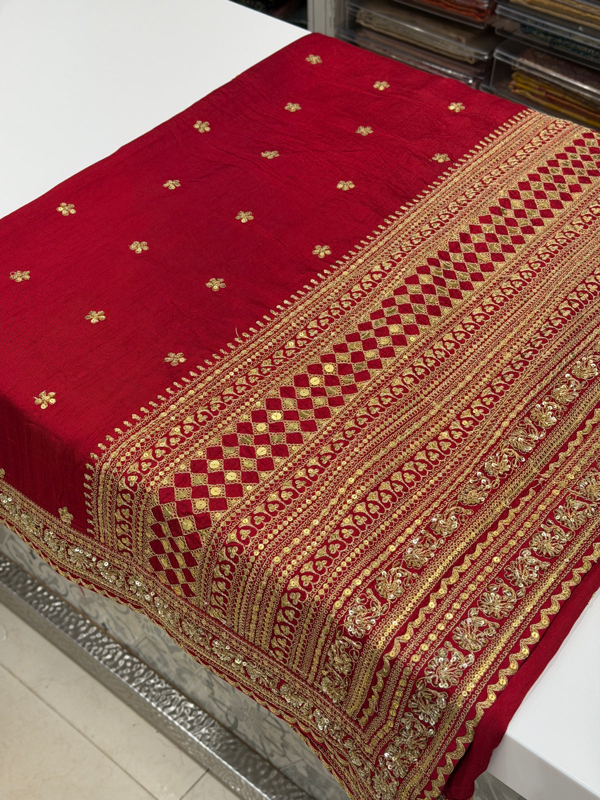 Red Heavy Pallu and Buttis Sabyasachi Inspired Marodi Embroidery Zardosi Saree