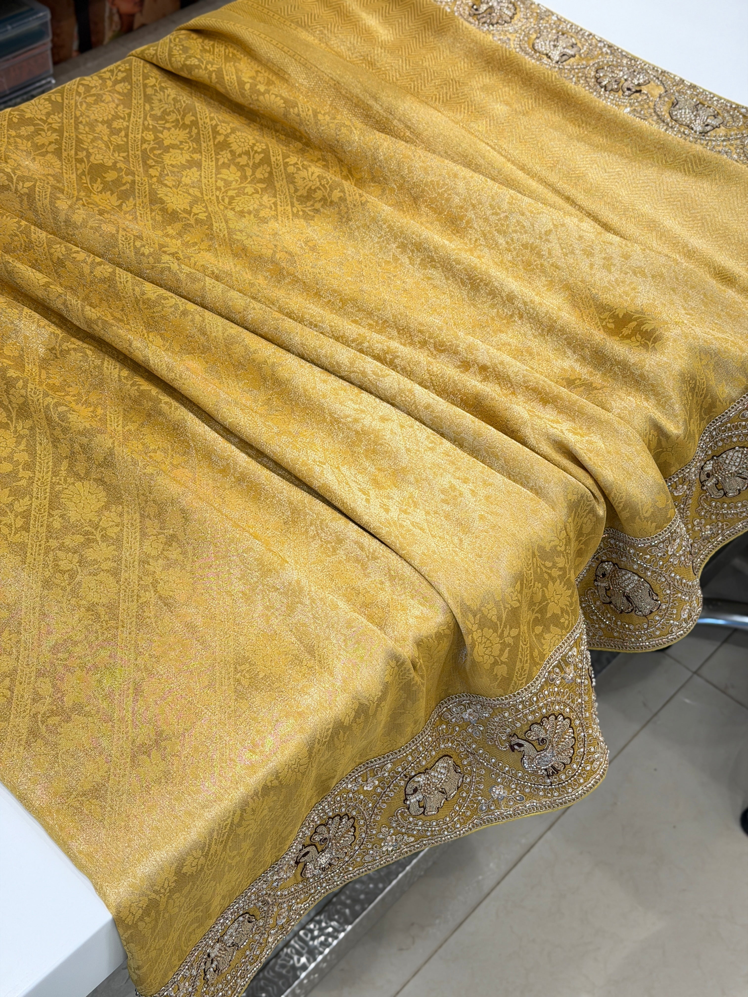 Yellow Banarasi Crepe Tissue Elephant Motif Embroidery Saree