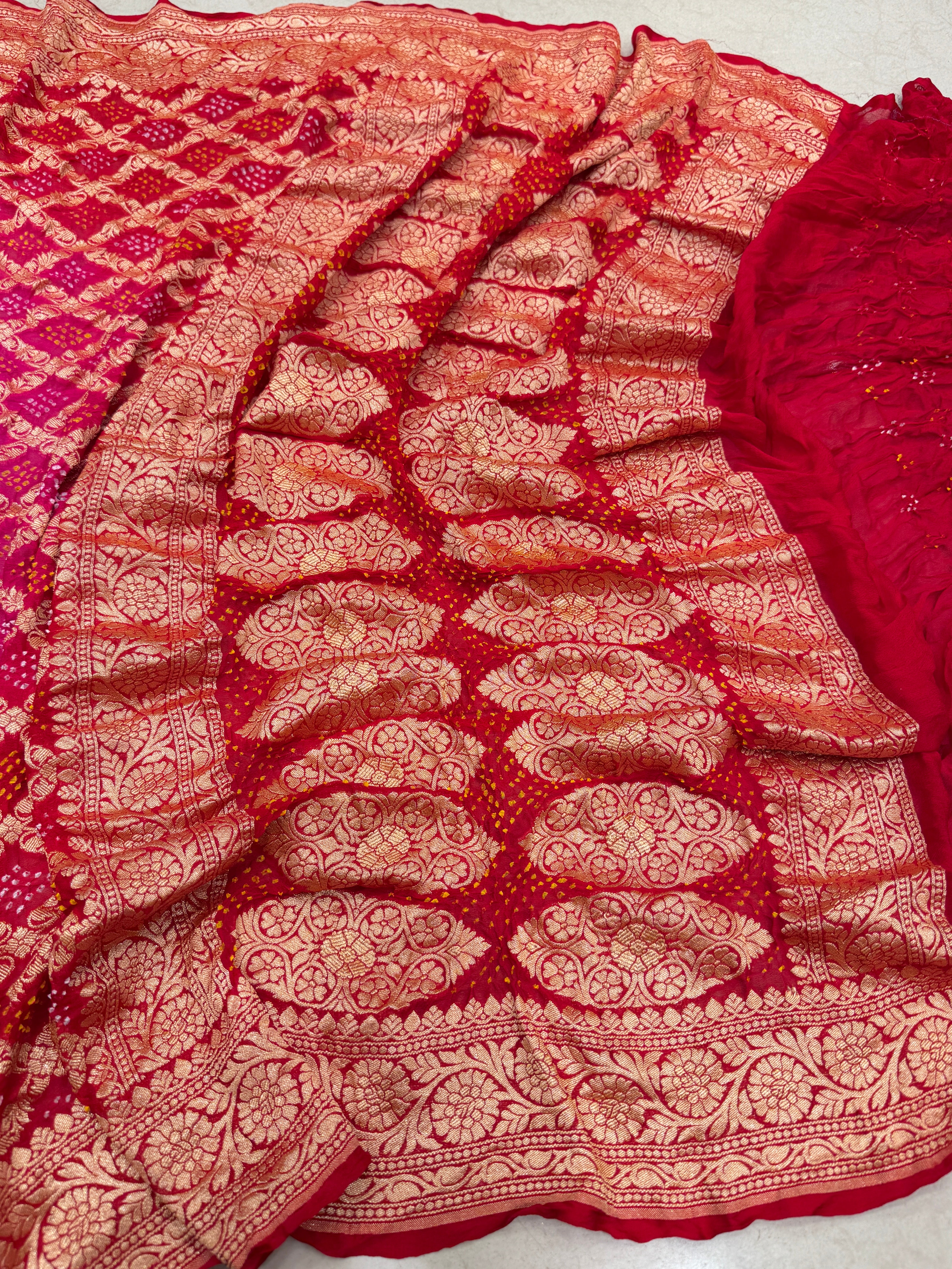 Red Rani Shaded Bandhej Bandhini Saree