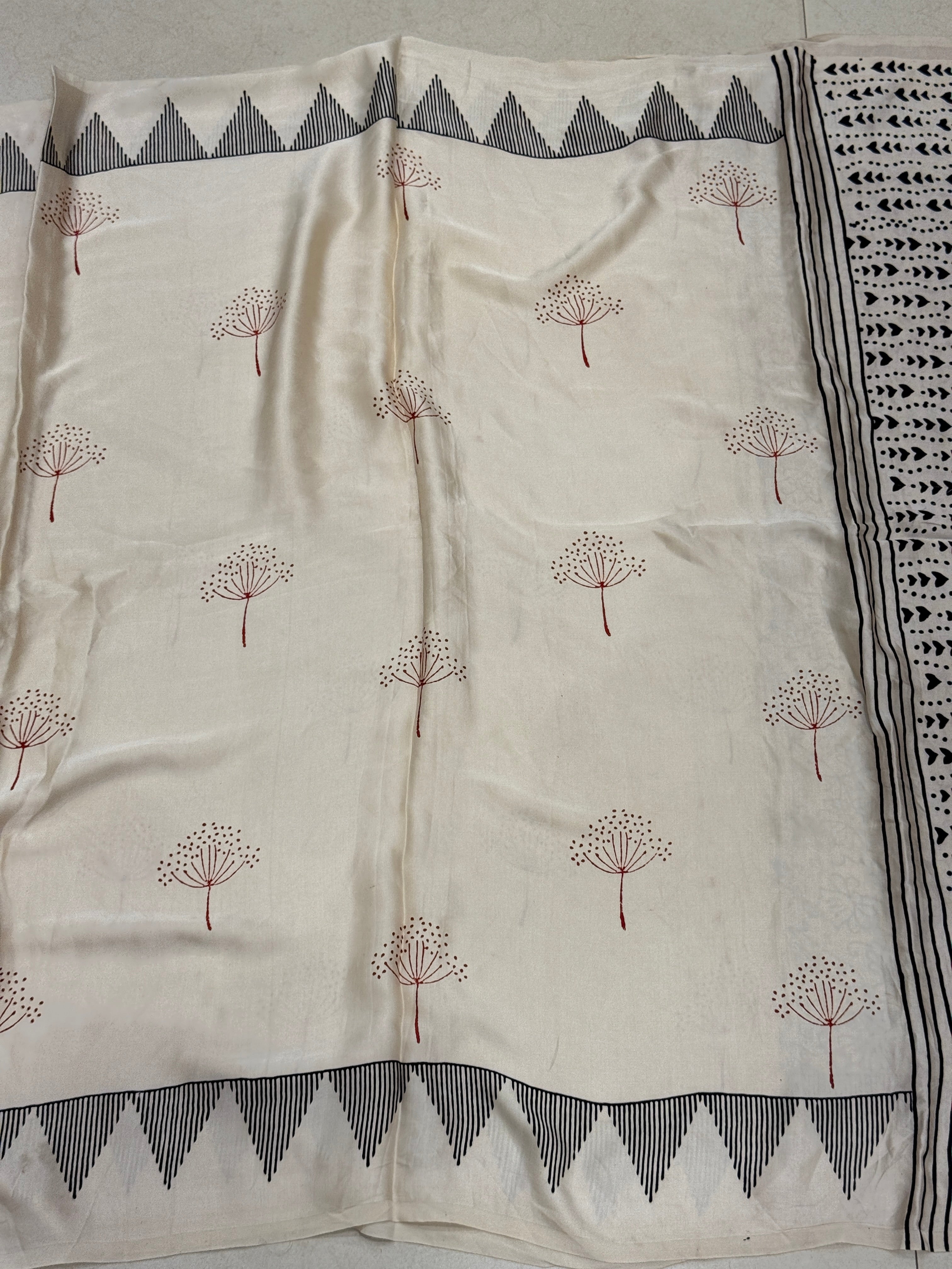 Off White Dandelion Buttis Hand Block Print Pure Gajji Silk Saree