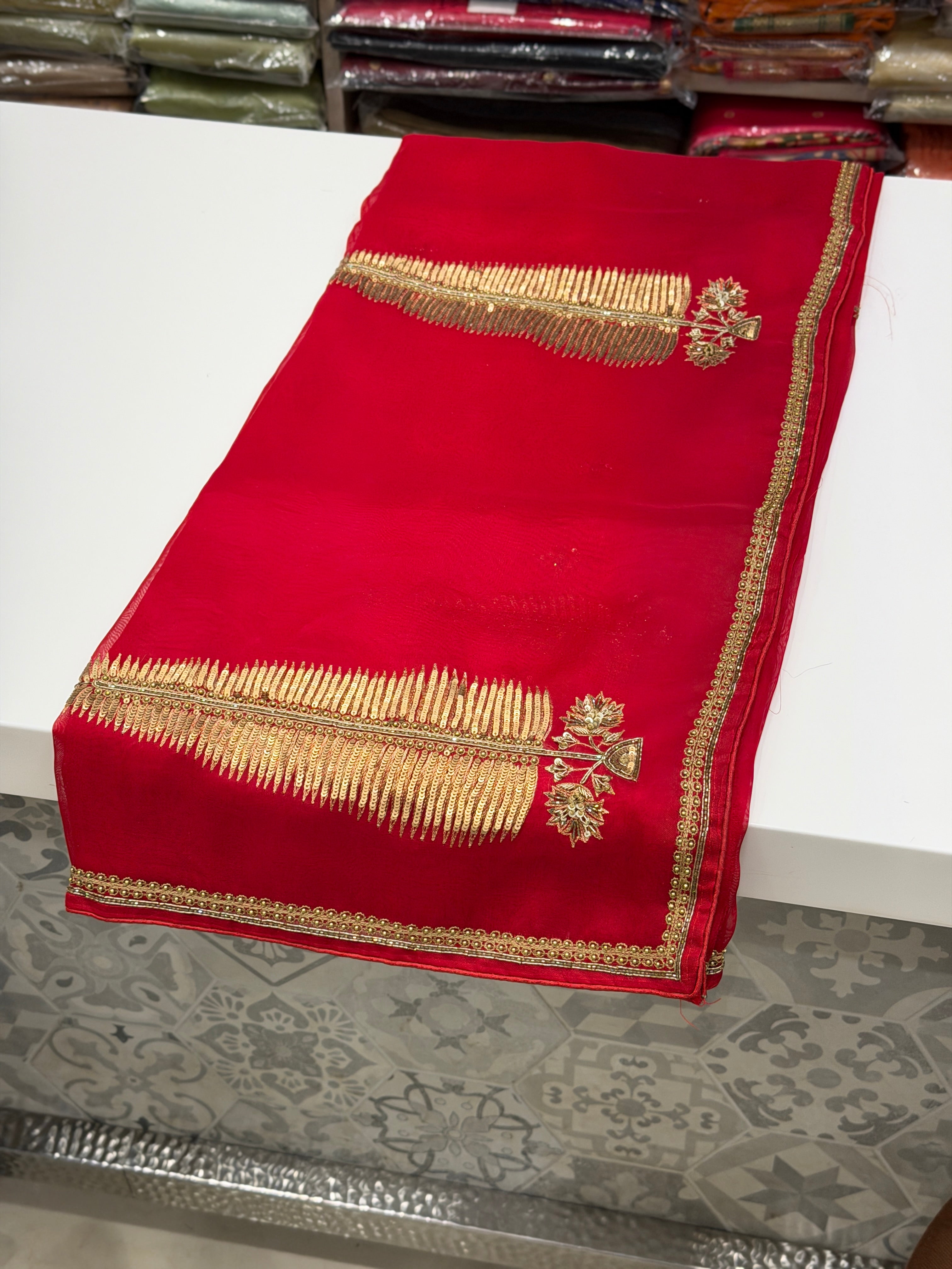 Red Pure Organza Raw Mango Inspired Contemporary Asopalav Pallu Zardodi Moti Sequin Hand Embroidery Saree