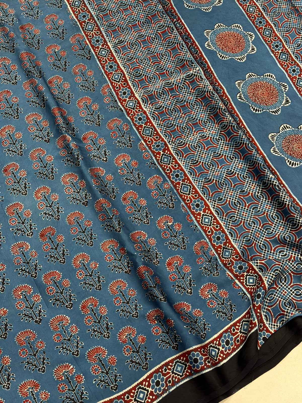 Blue Floral Butta Ajrakh Hand Block Print Pure Gajji Silk Saree