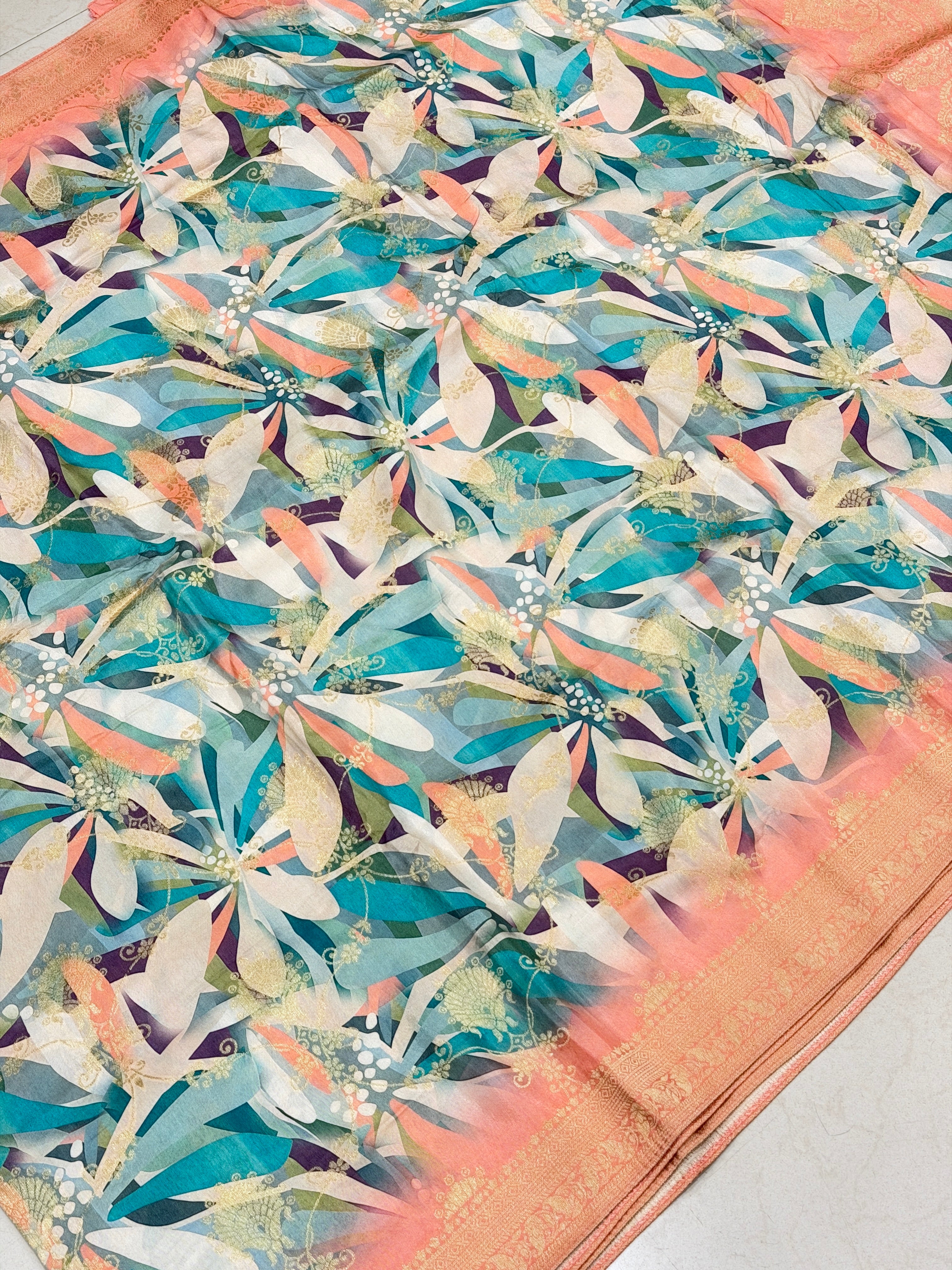 Abstract Floral Multi Colour Print Munga Soft Silk Saree