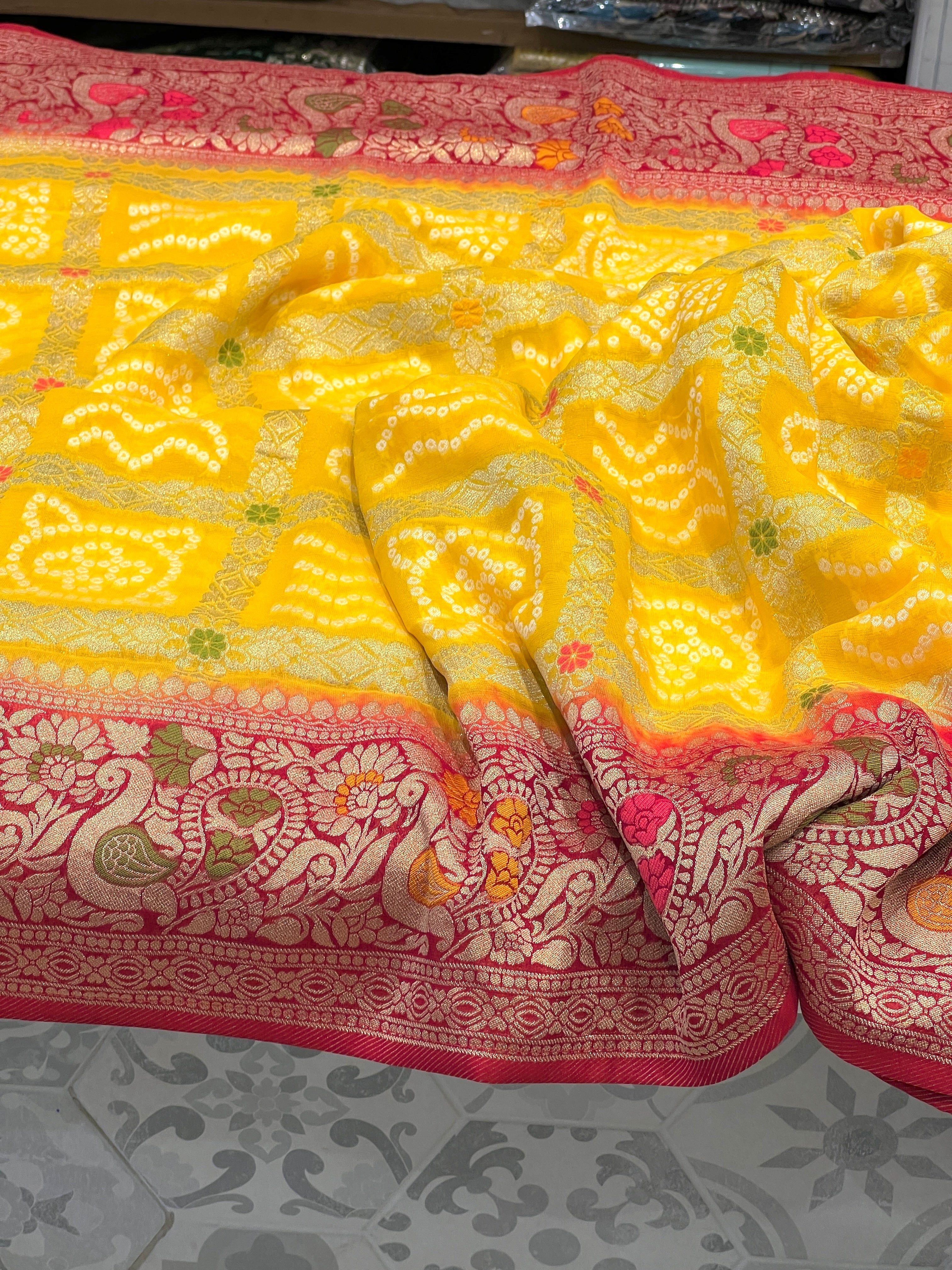 Yellow Red Gharchola Saree