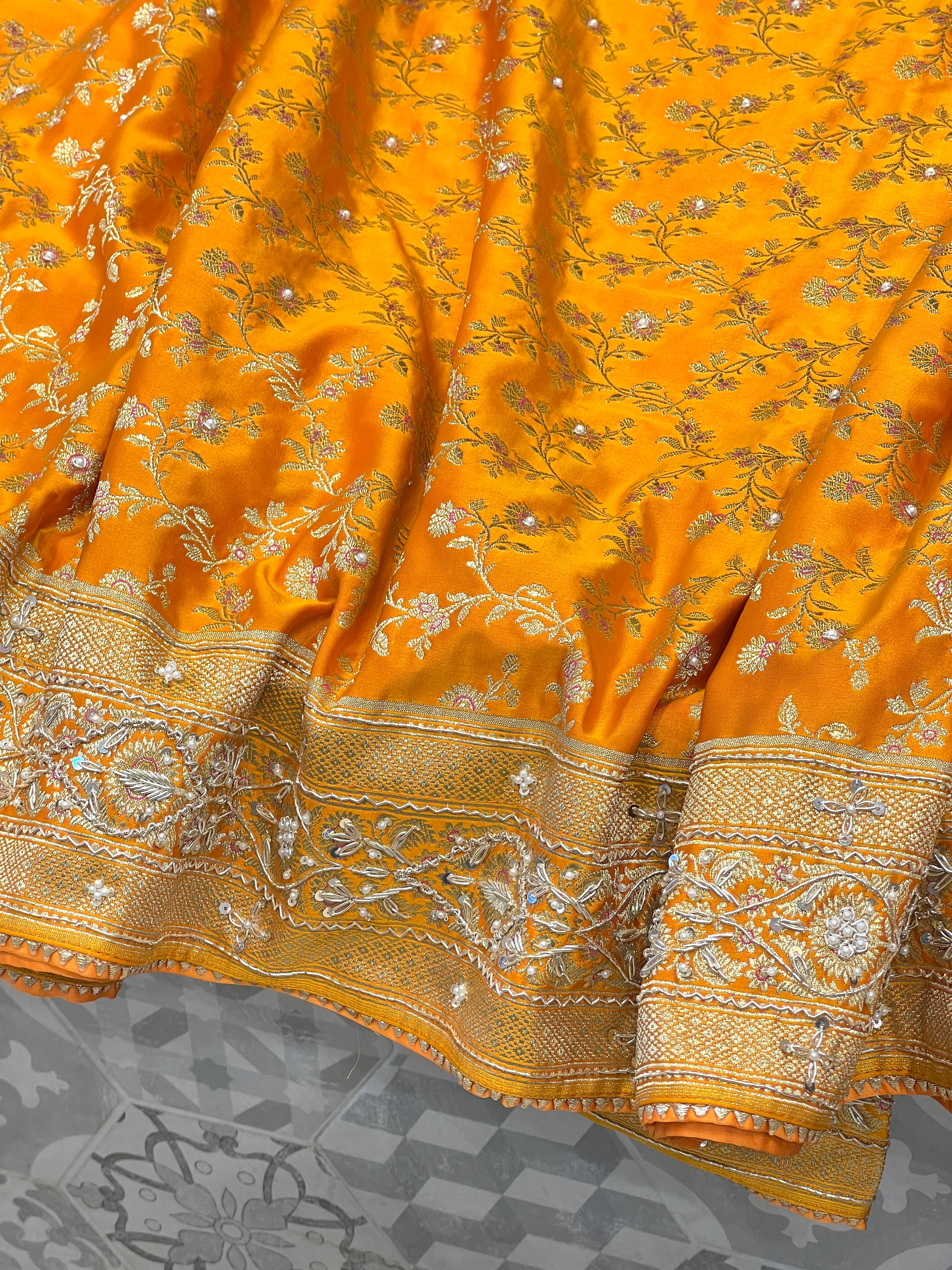 Mango Yellow Banarasi Flower Border Hand Embroidery Saree