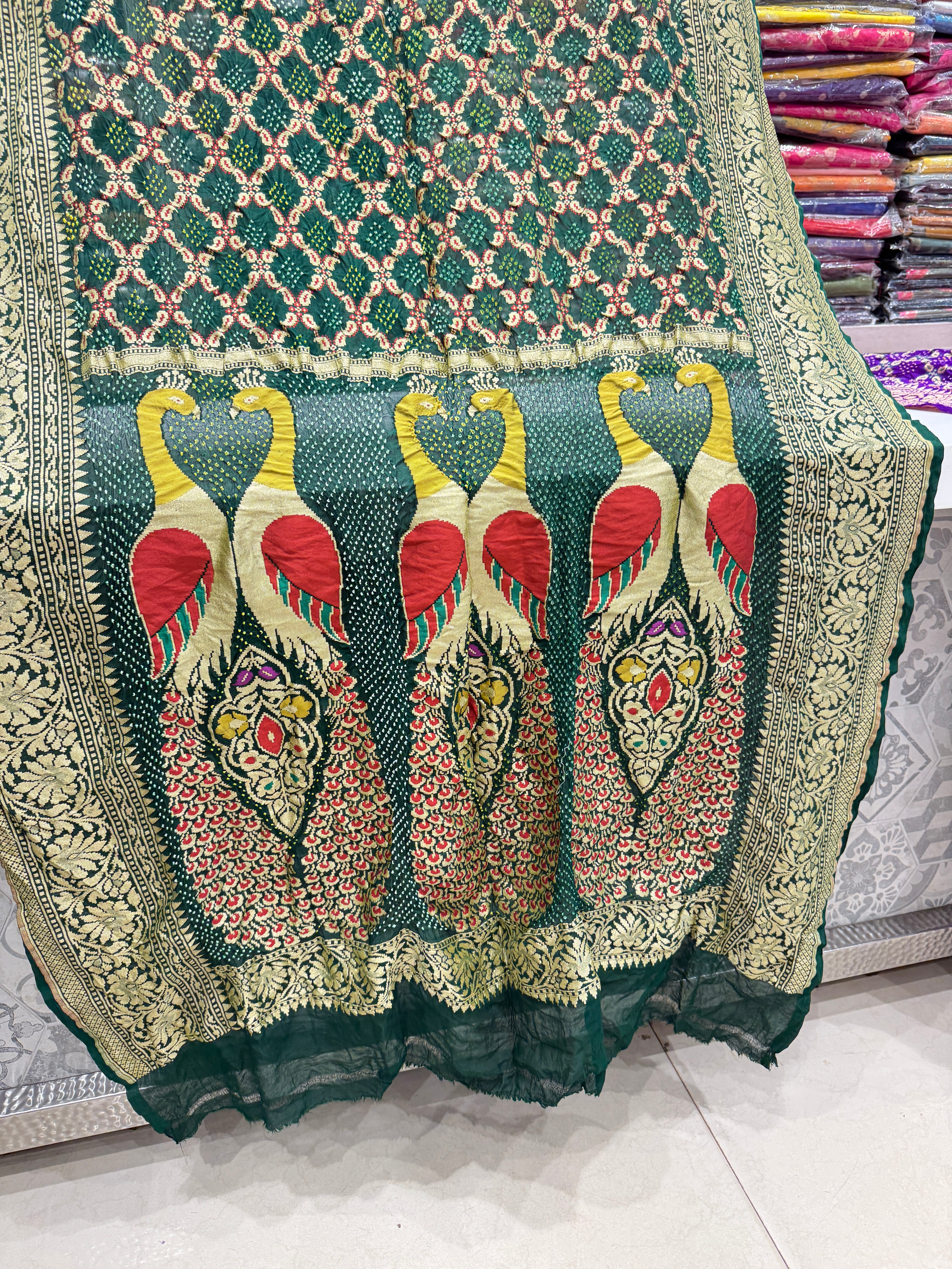 Bottle Green Bandhej Meenakari Dupatta