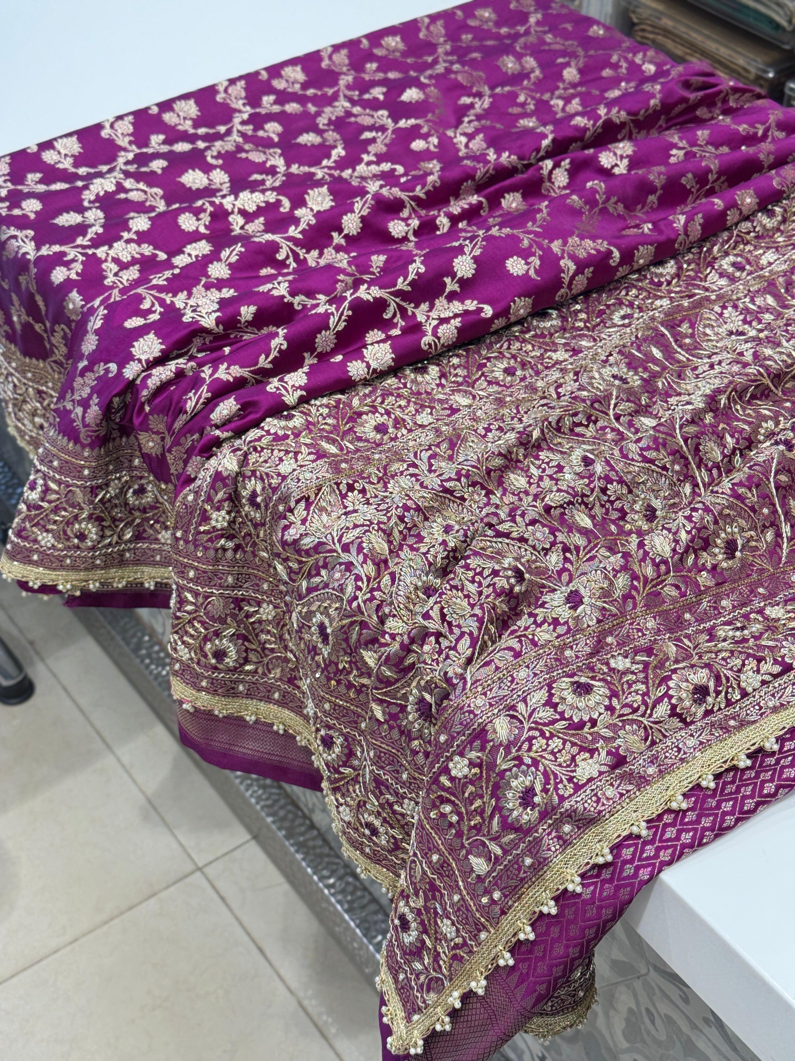 Wine Banarasi Upside Down Hand Embroidery Zardosi Resham Saree