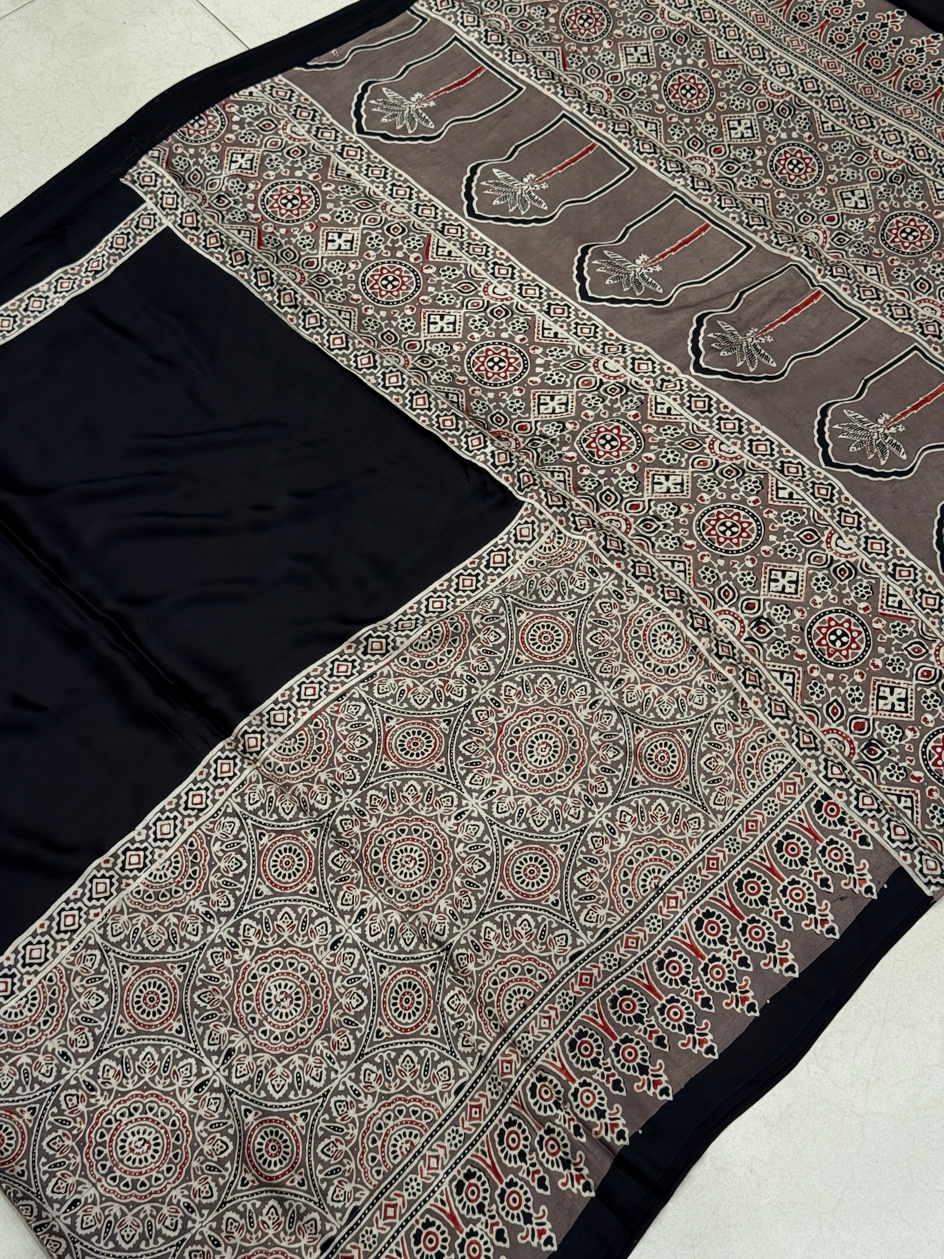 Black Half Contemporary Ajrakh Block Print Hand Pure Gajji Silk Saree