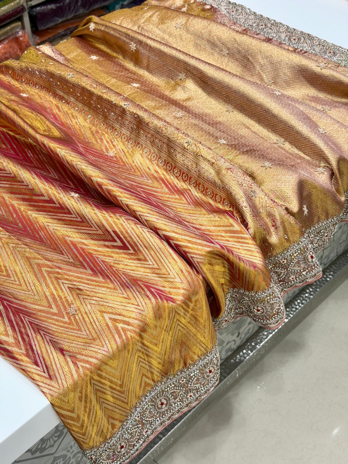Contemporary Tissue Kanjivaram Zardosi Moti Hand Embroidery Saree