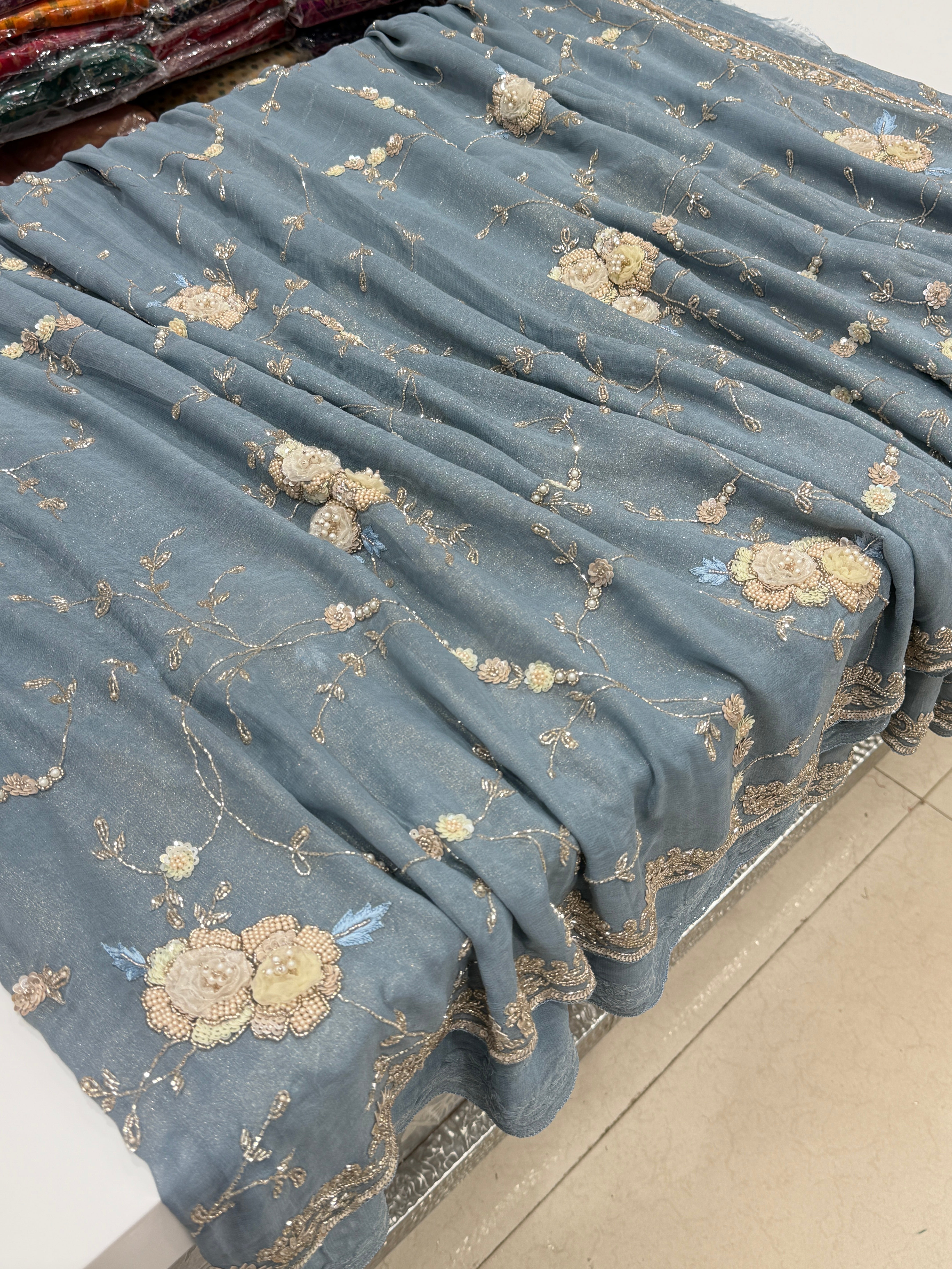 Powder Blue Tissue Chiffon Hand Embroidery Saree
