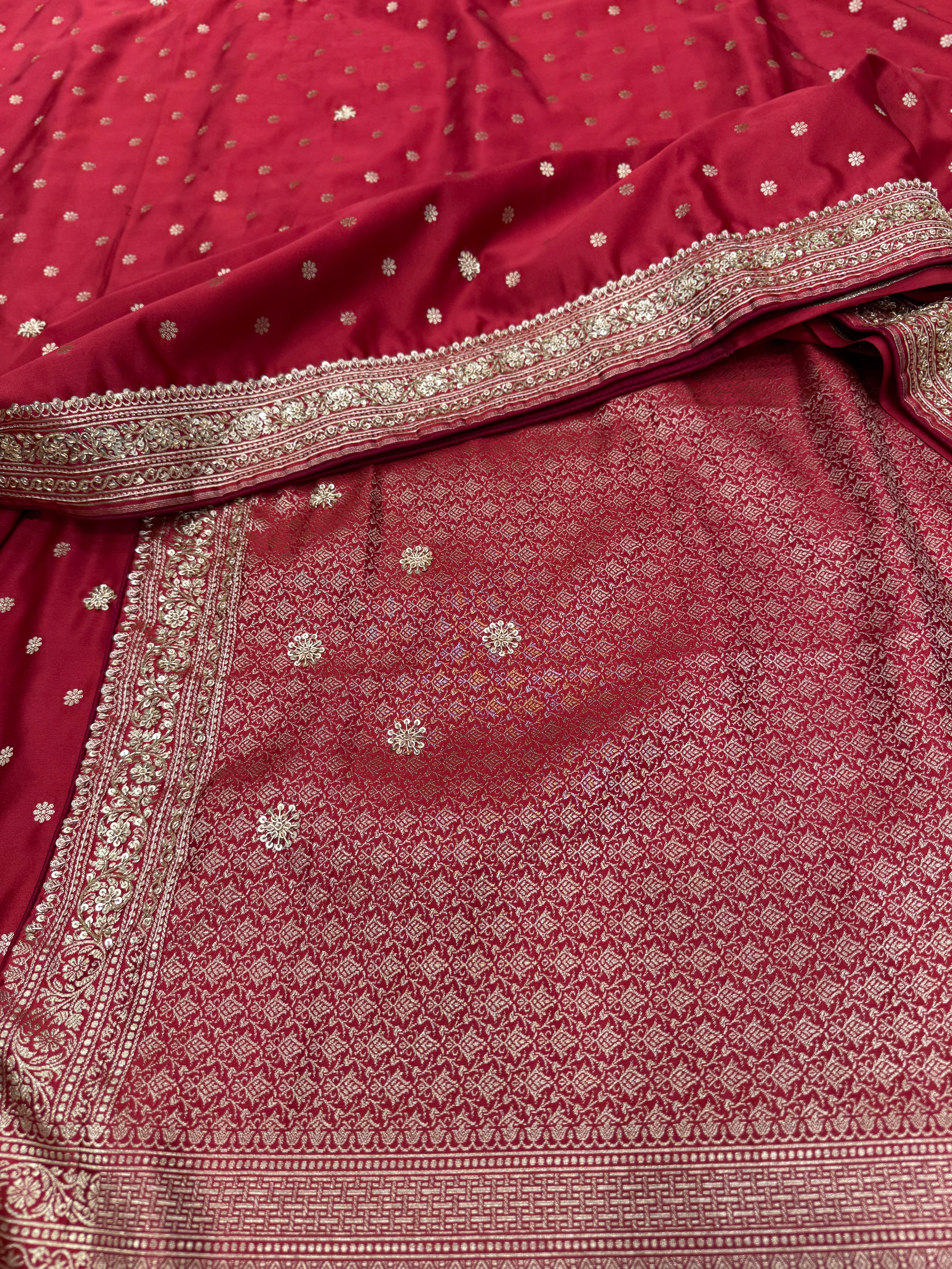 Maroon Banarasi Star Butti Hand Done Zardozi Saree