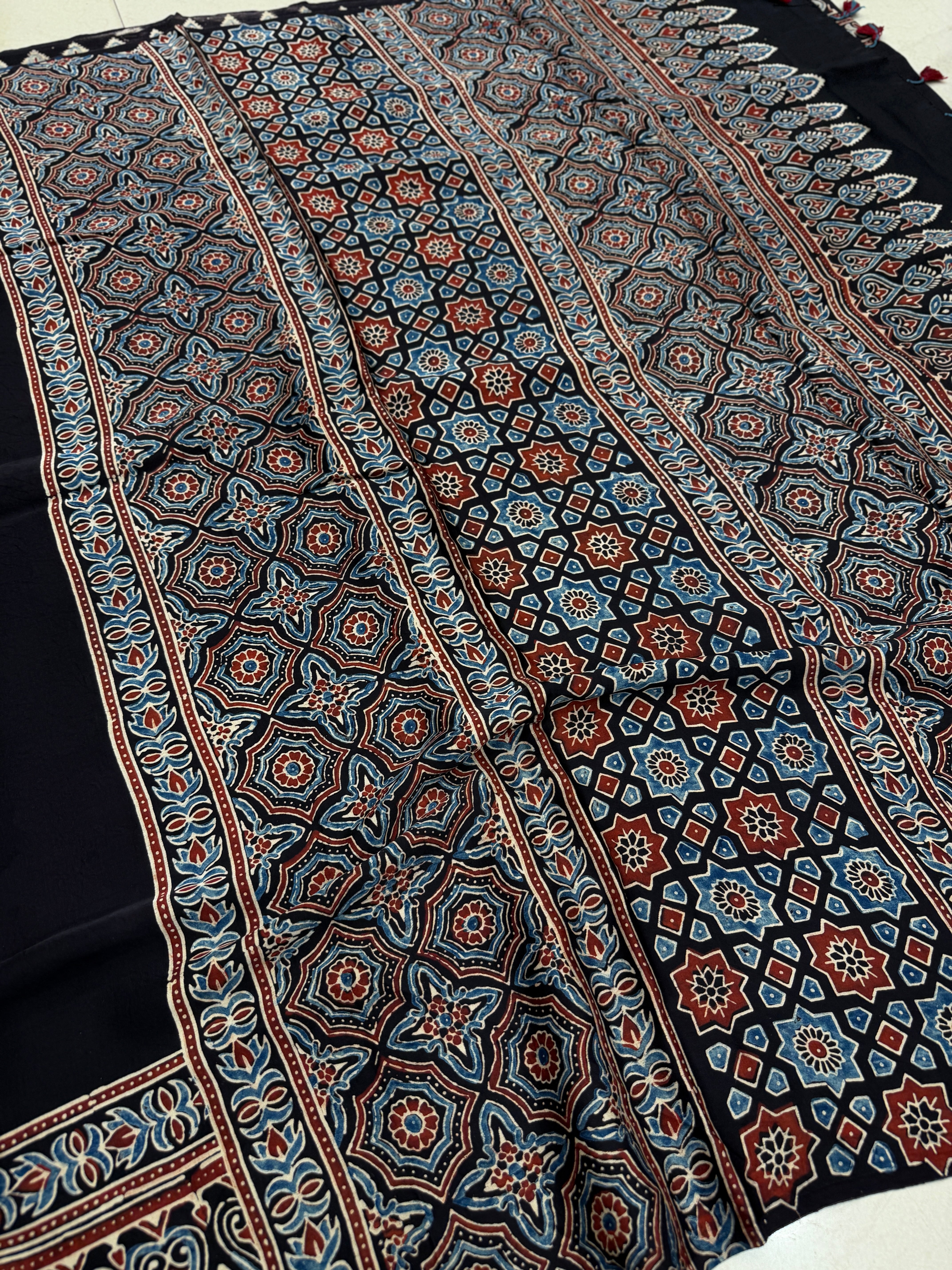 Black Plain Big Border Ajrakh Hand Block Print Pure Modal Silk Saree