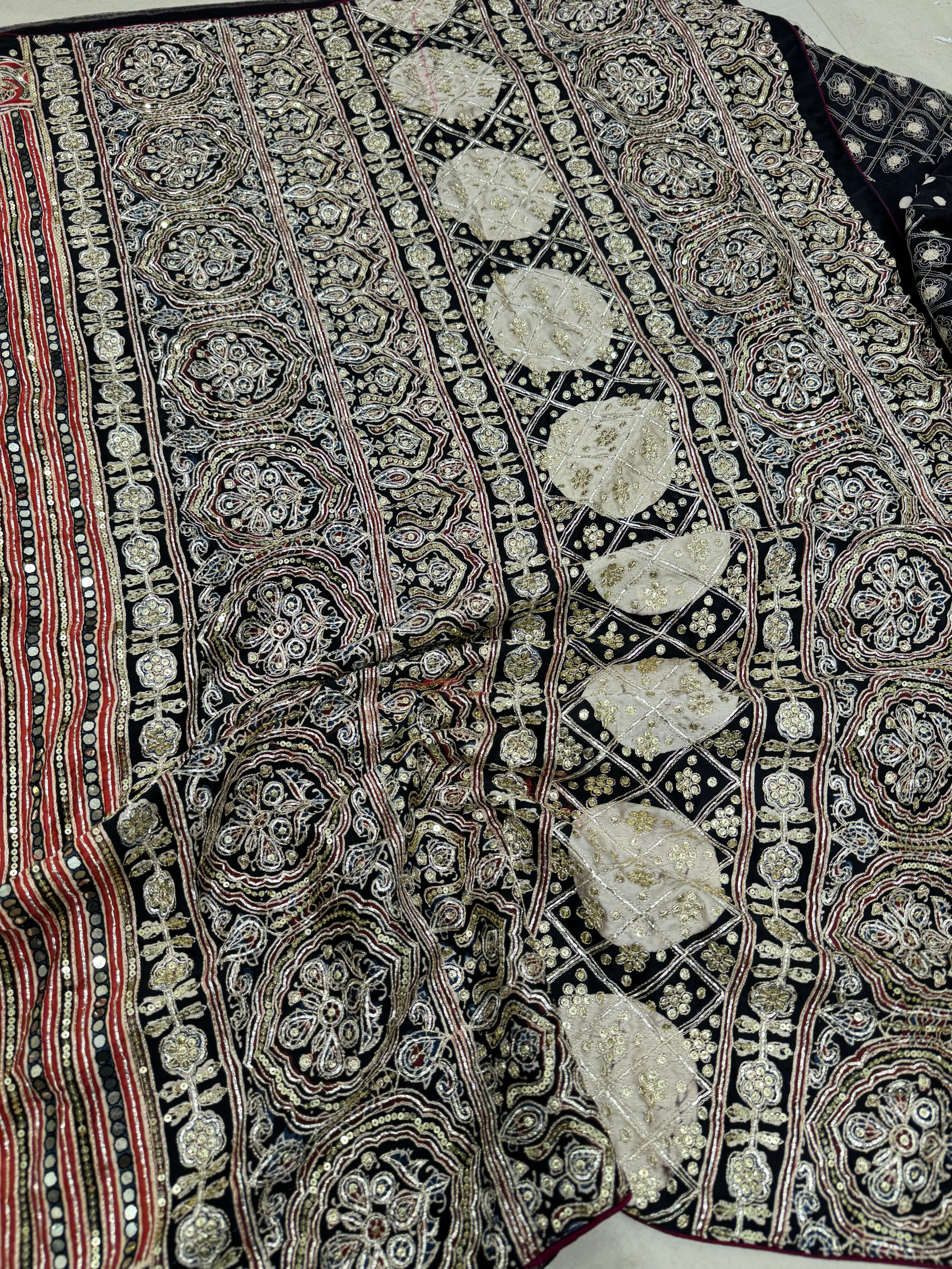 Red Contemporary Mirror Ajrakh Hand Embroidery Saree
