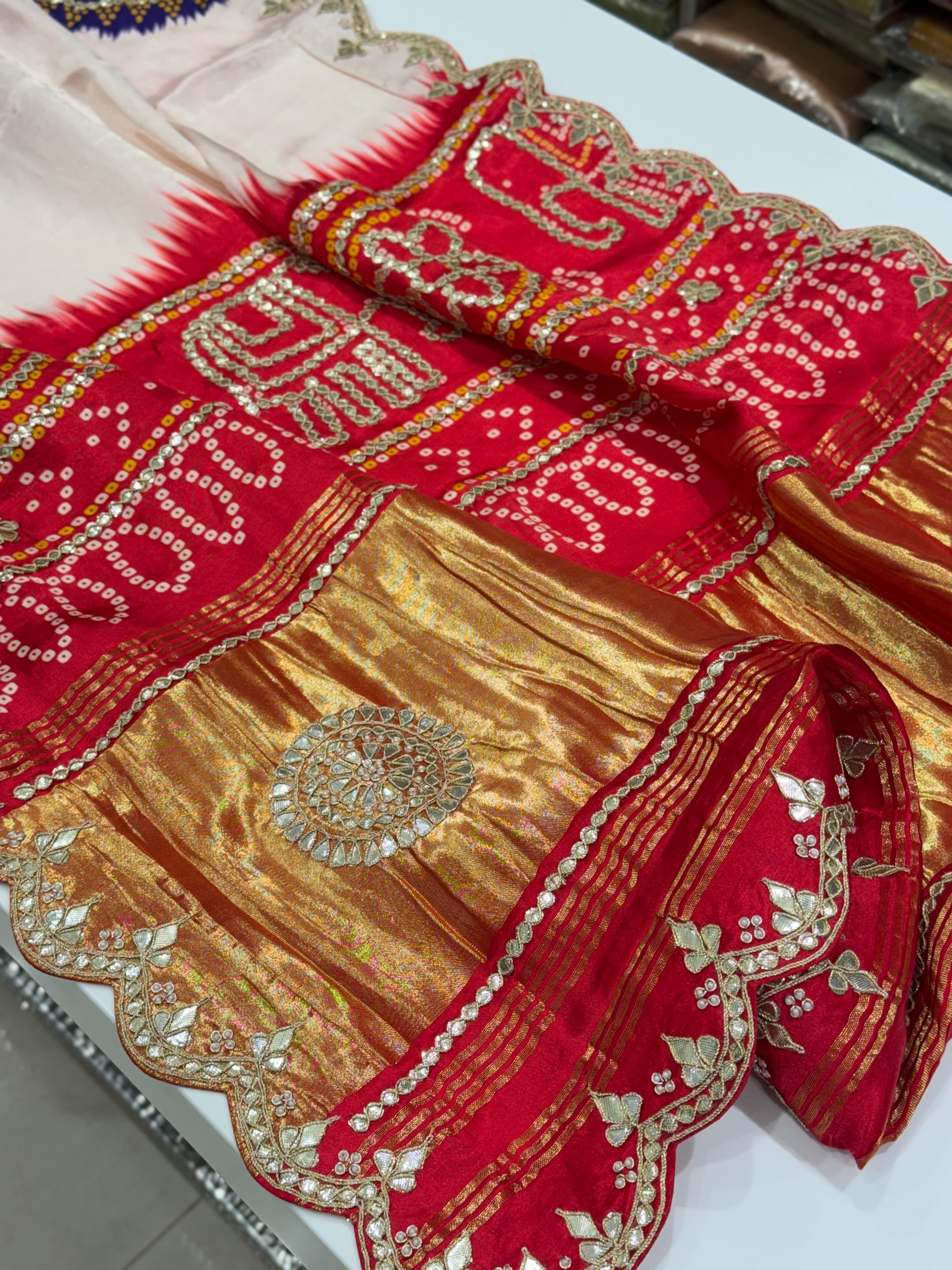 Moti White Gajji Silk Bandhej Print Hand Done Gotapatti Saree