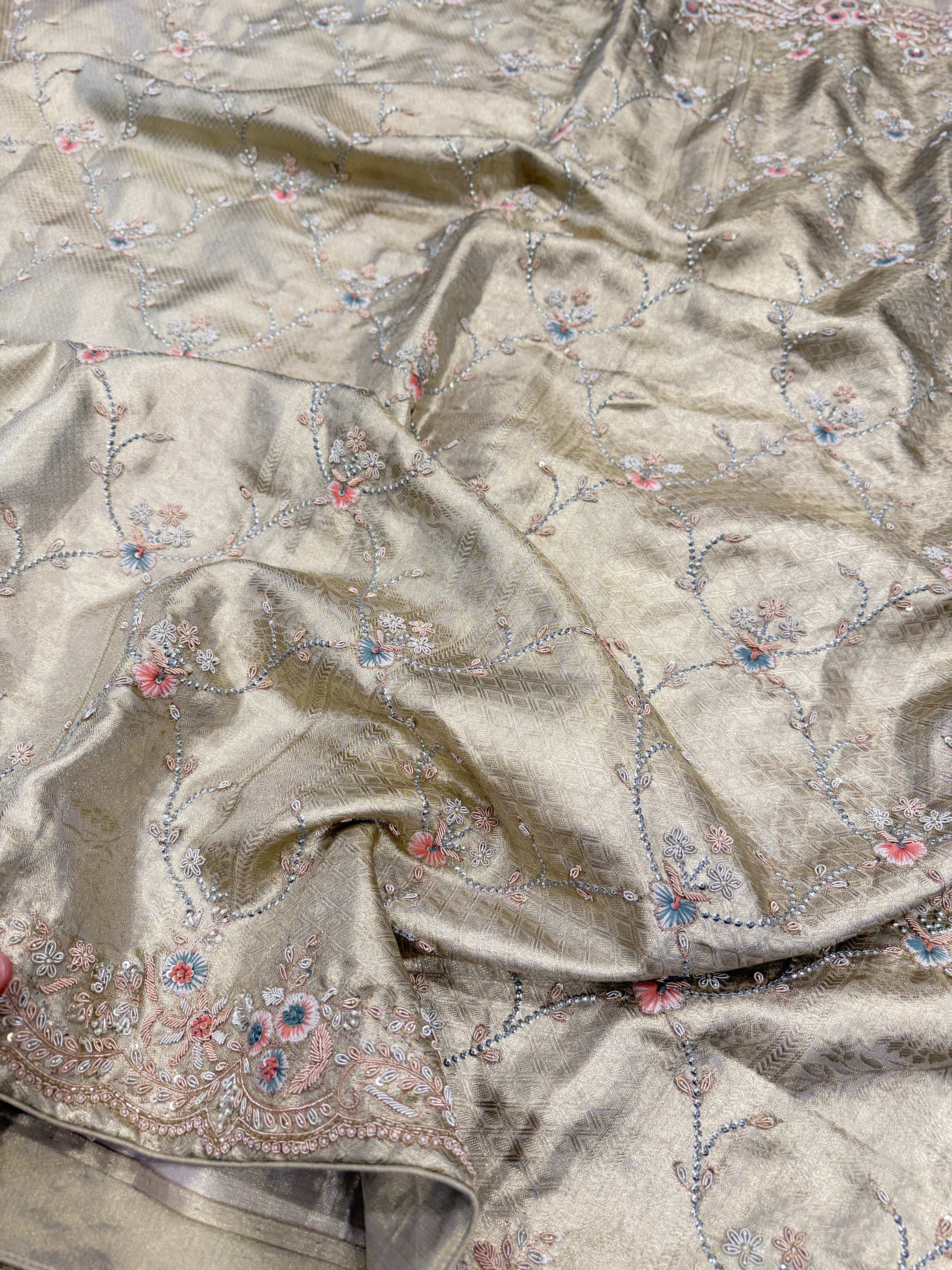 Light Water Gold Tissue Kanjivaram Knot Zardosi Hand Embroidery Saree