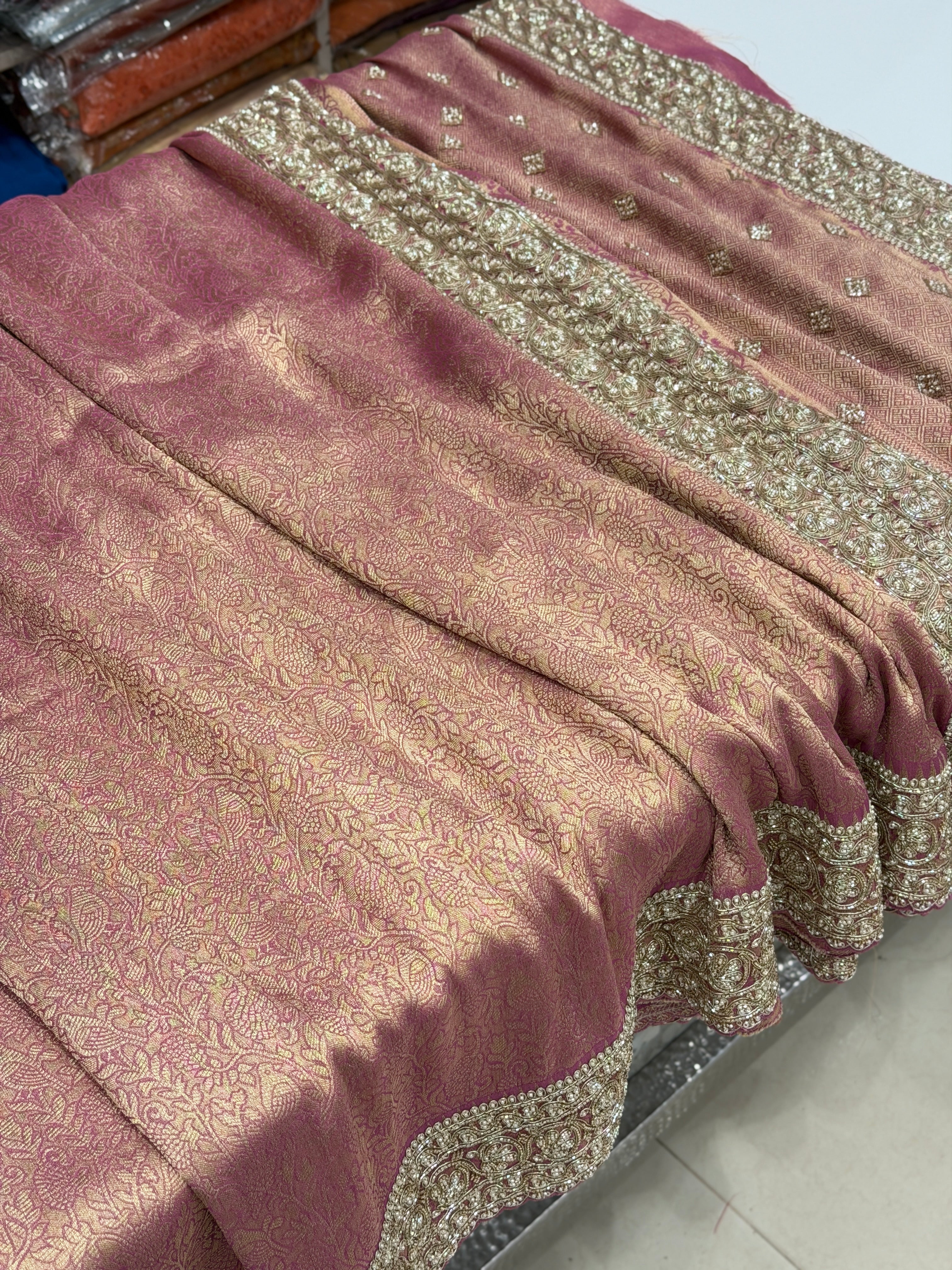 Purple Crepe Tissue Weaved Moti Cutana Embroidery Saree