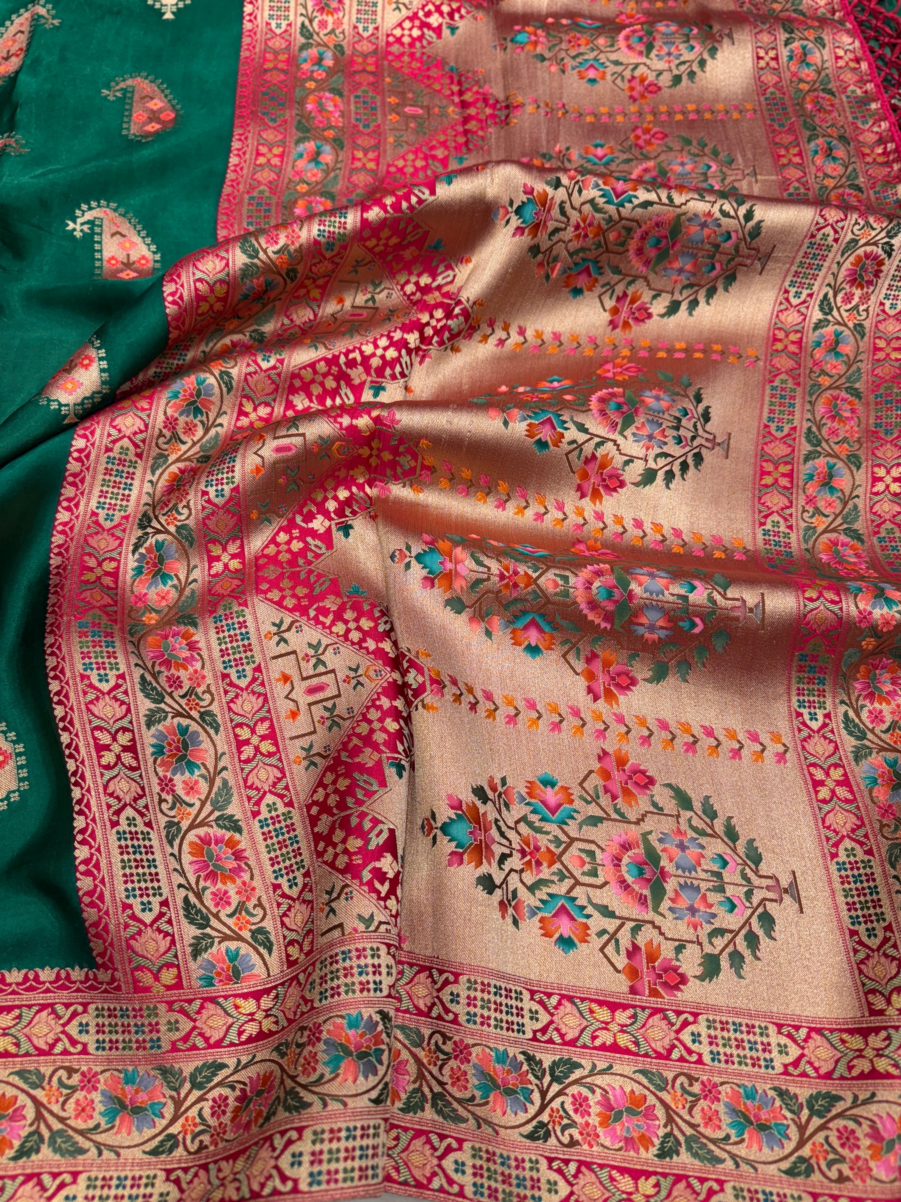 Bottle Green Banarasi Keri Butta Modal Satin Saree