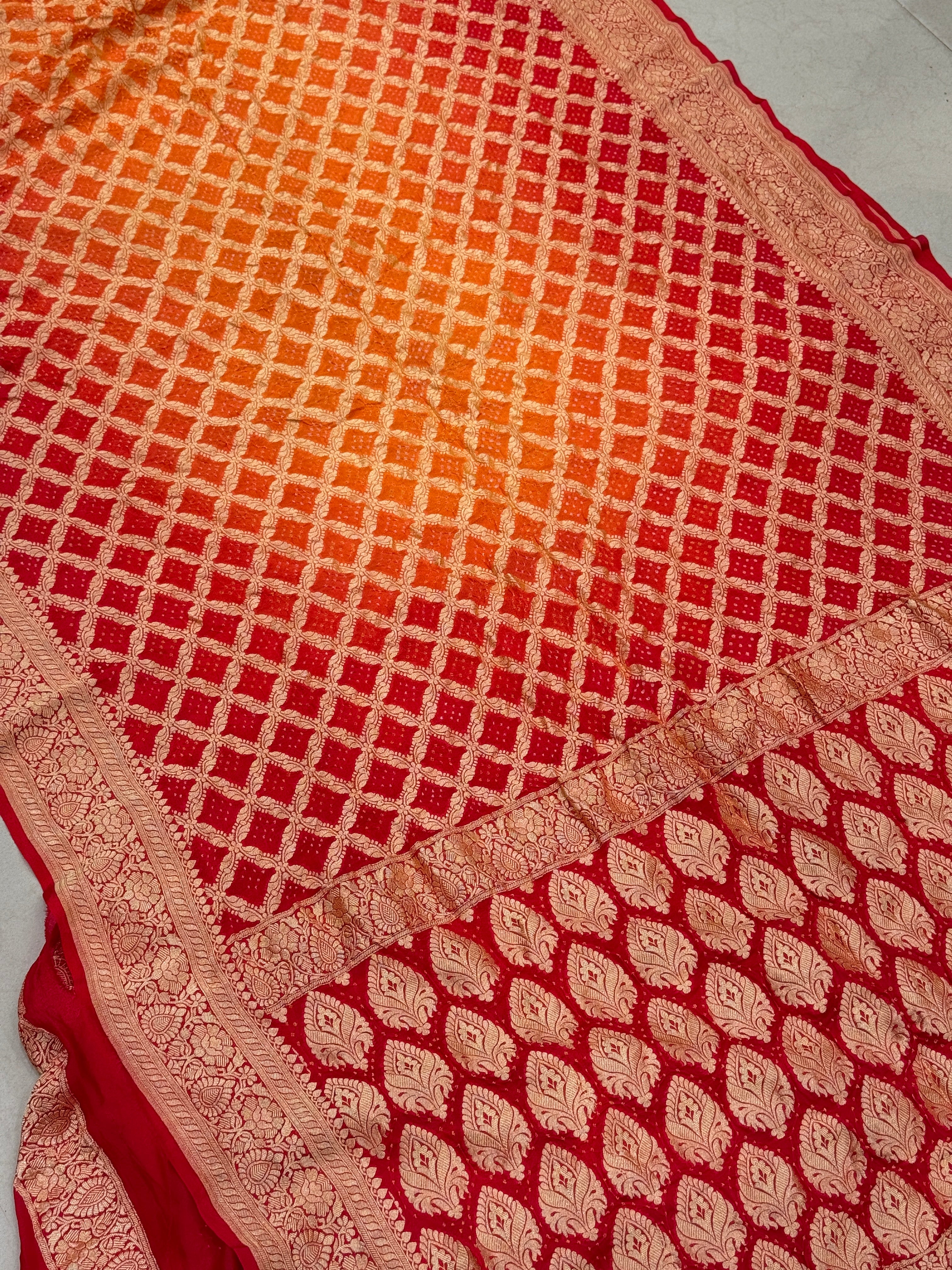 Orange Red Shaded Georgette Handloom Bandhej Bandhini Saree