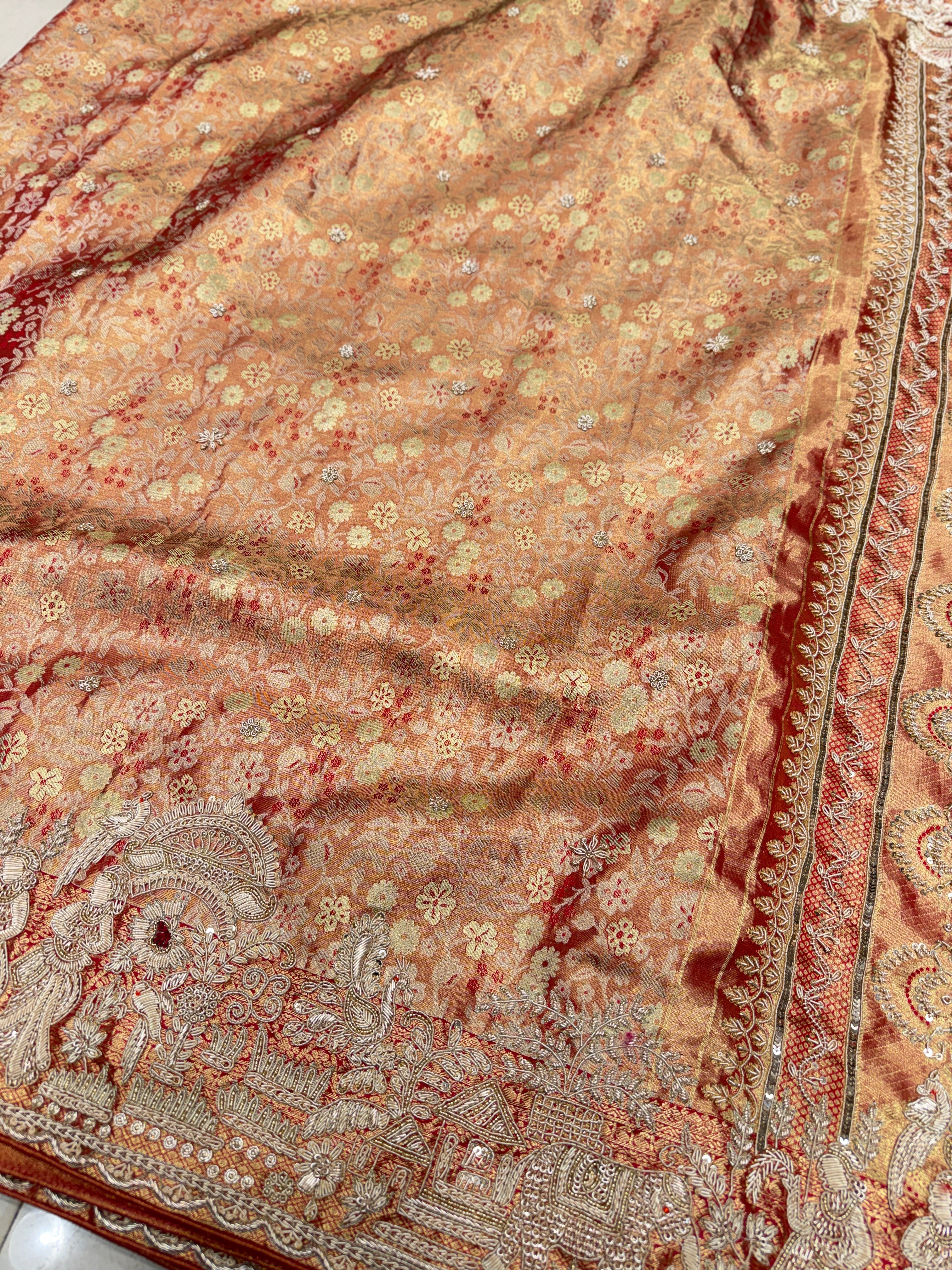 Red Tissue Kanjivaram Zardosi Doli Hand Embroidery Saree