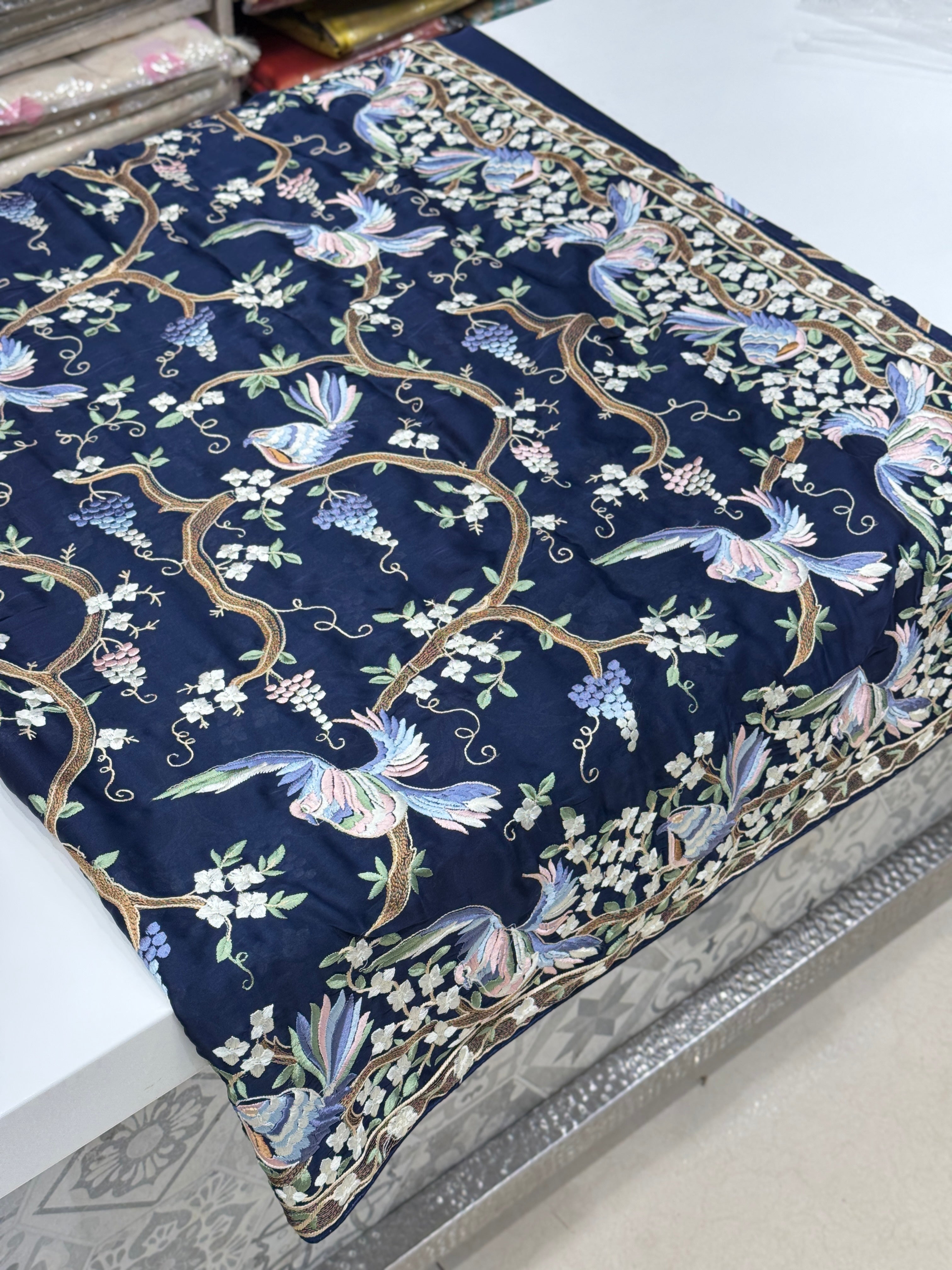 Blue Crepe Parsi Gara Saree Jaal Chakla Chakli Design