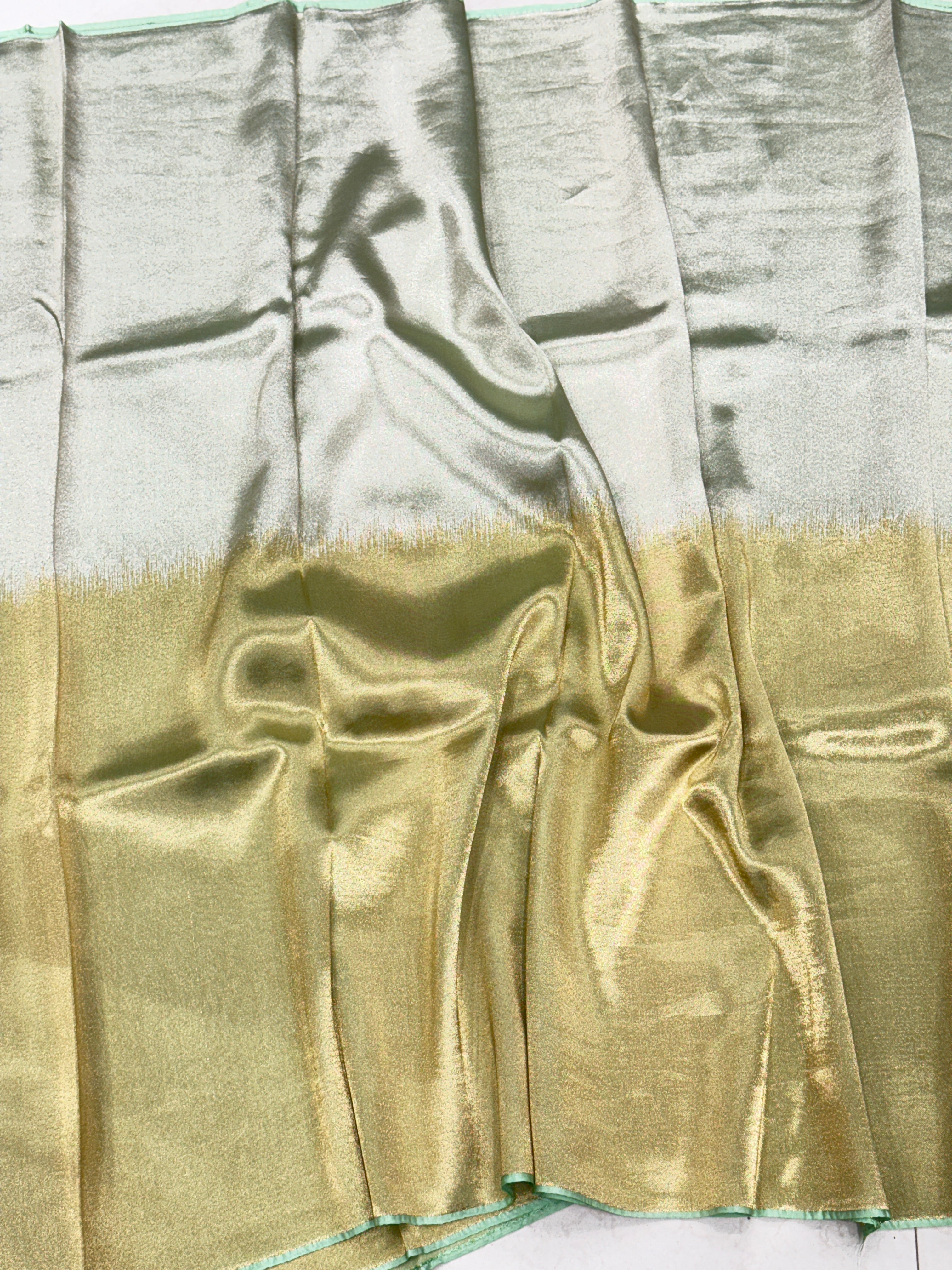 Pista Green Gold Silver Half Half Contemporary Banarasi Tissue Silk Saree