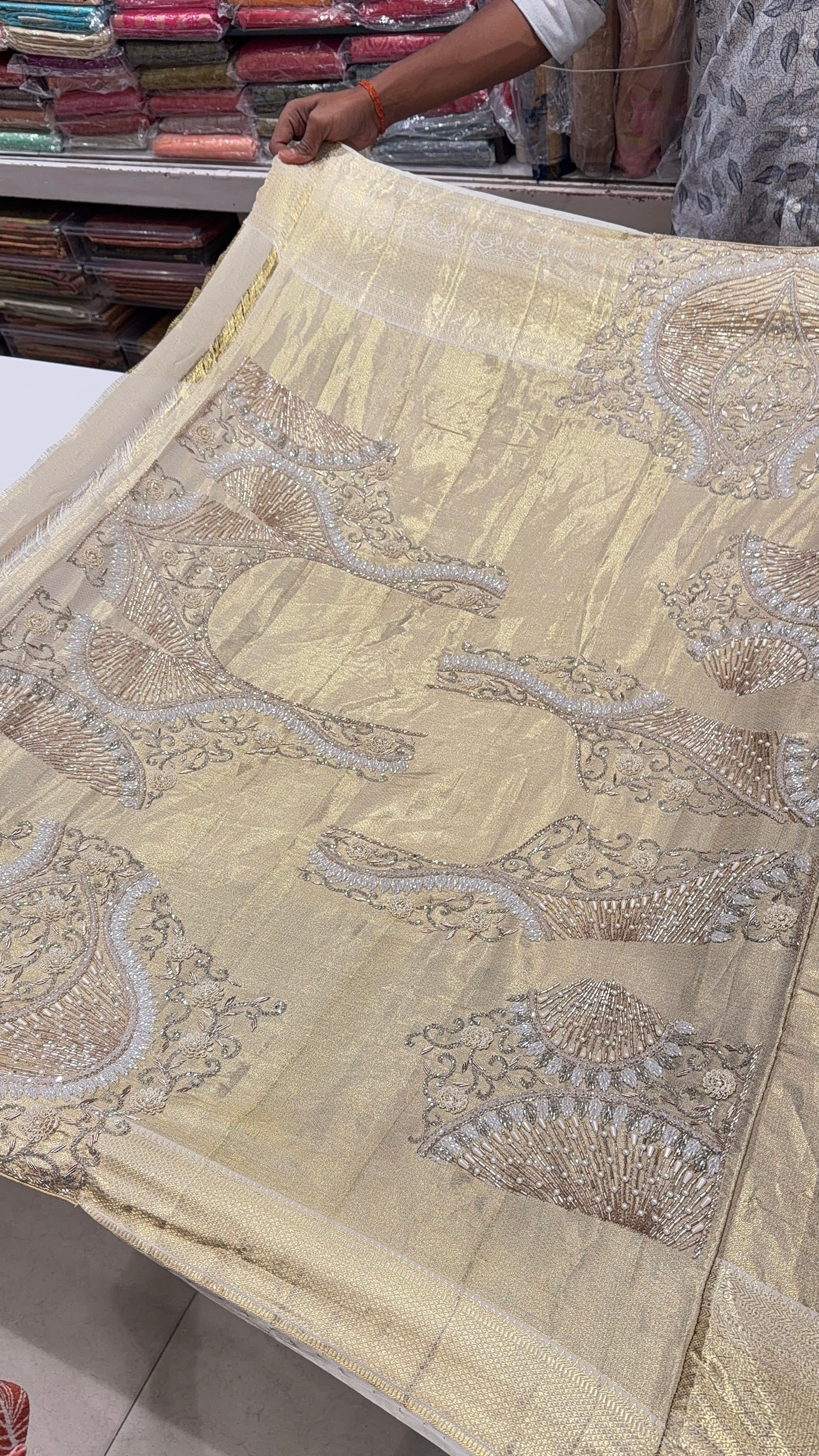 Light Golden Kanjivaram Moti Zardosi Hand Embroidery Saree