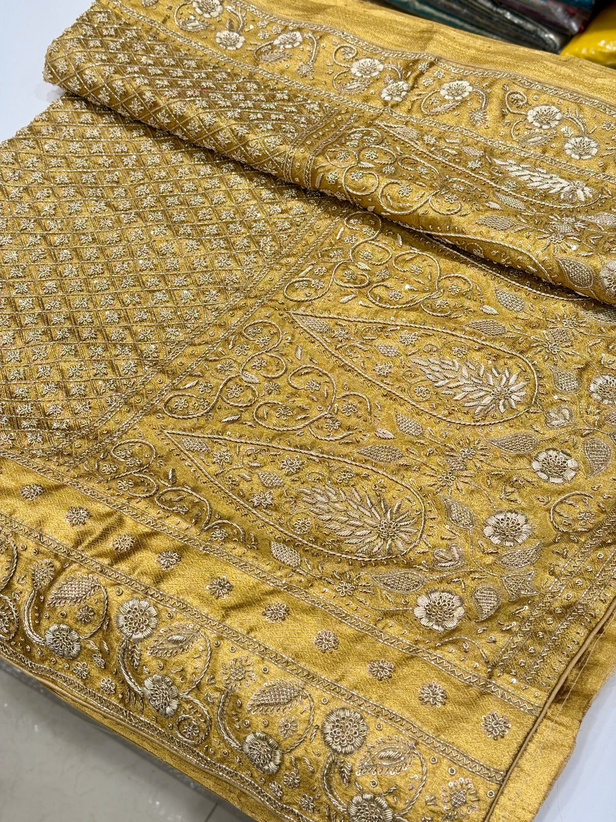 Golden Floral Kanjivaram Zardosi Hand Embroidery Saree