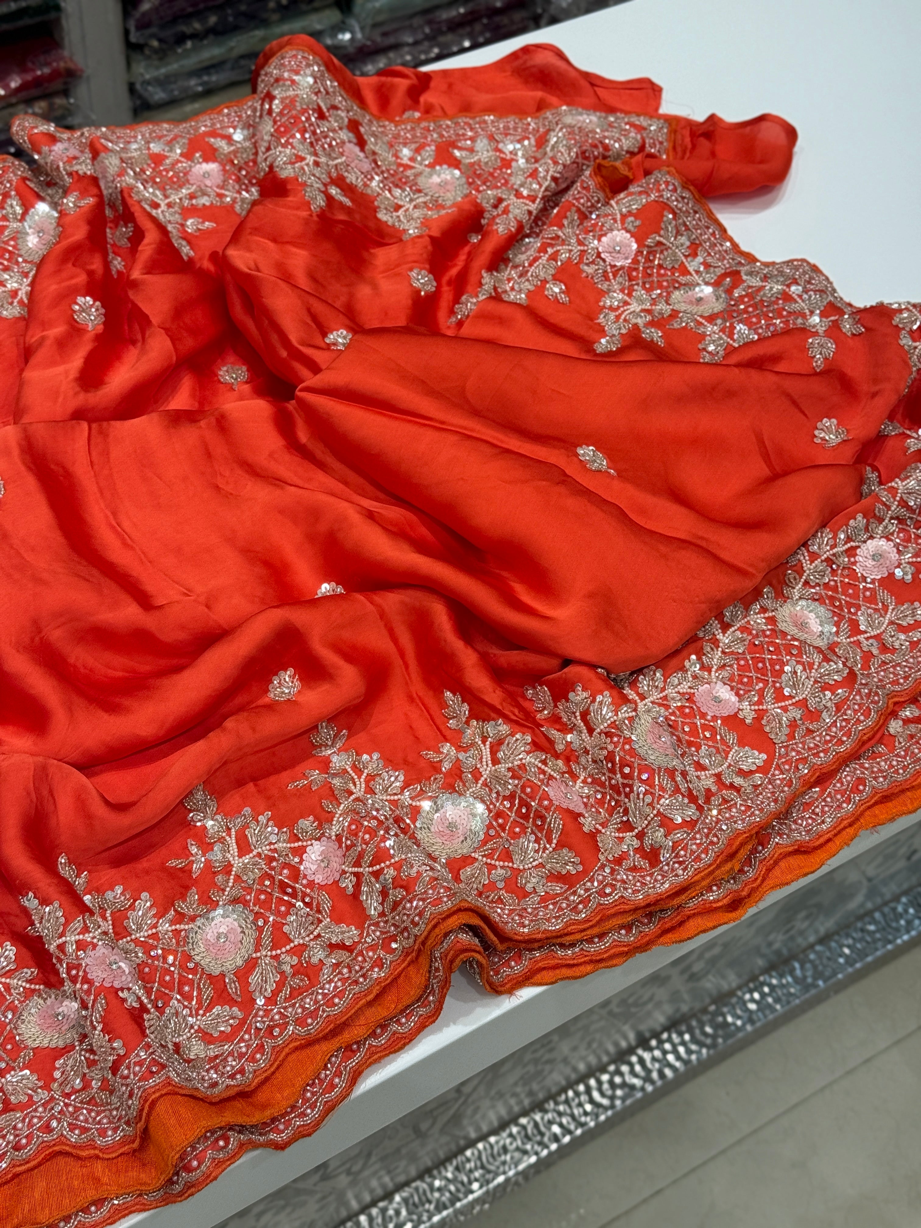 Orange Satin Sequin Moti Border Hand Embroidery Saree