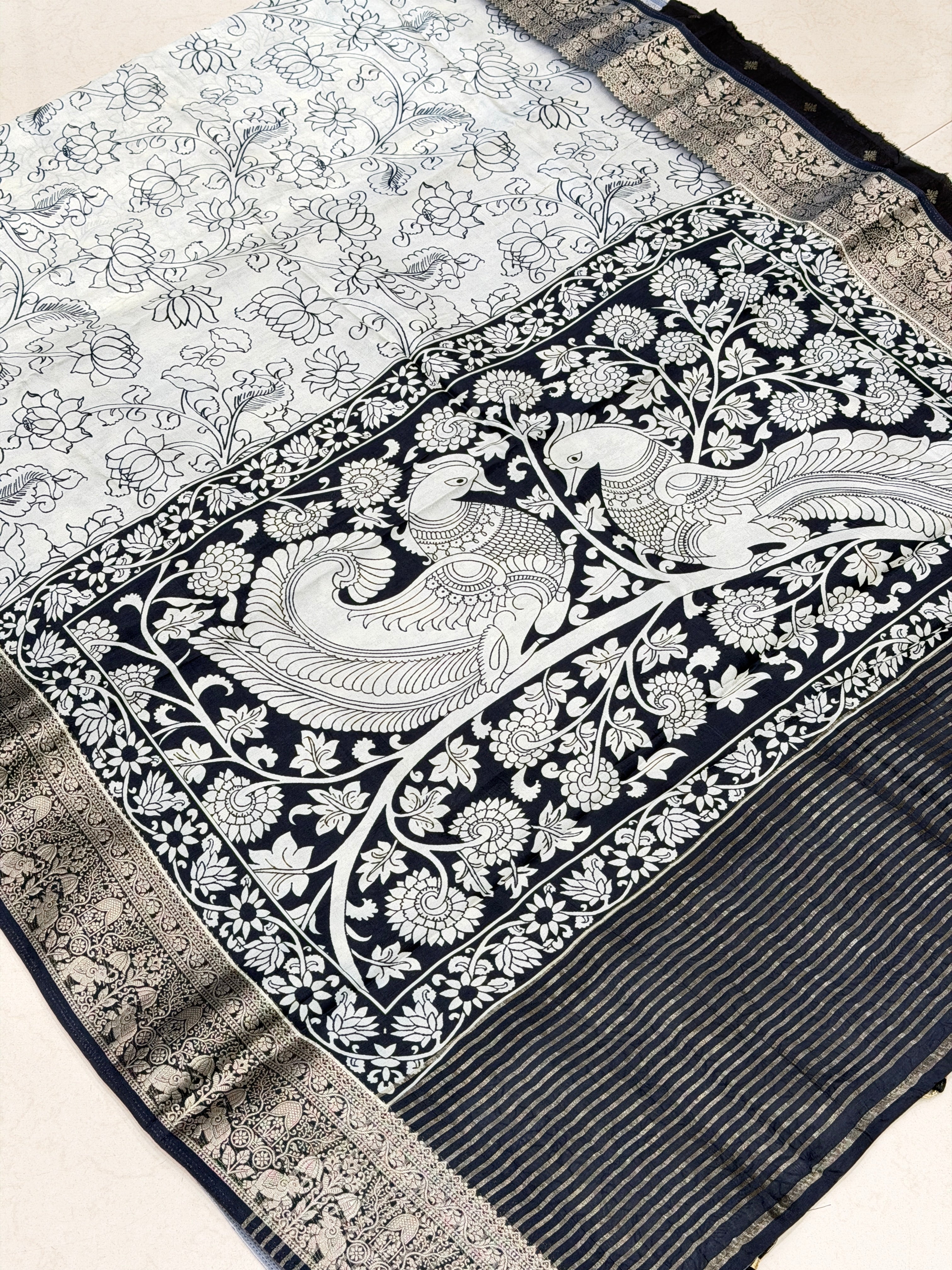 White and Black Printed Kalamkari Munga Silk Saree