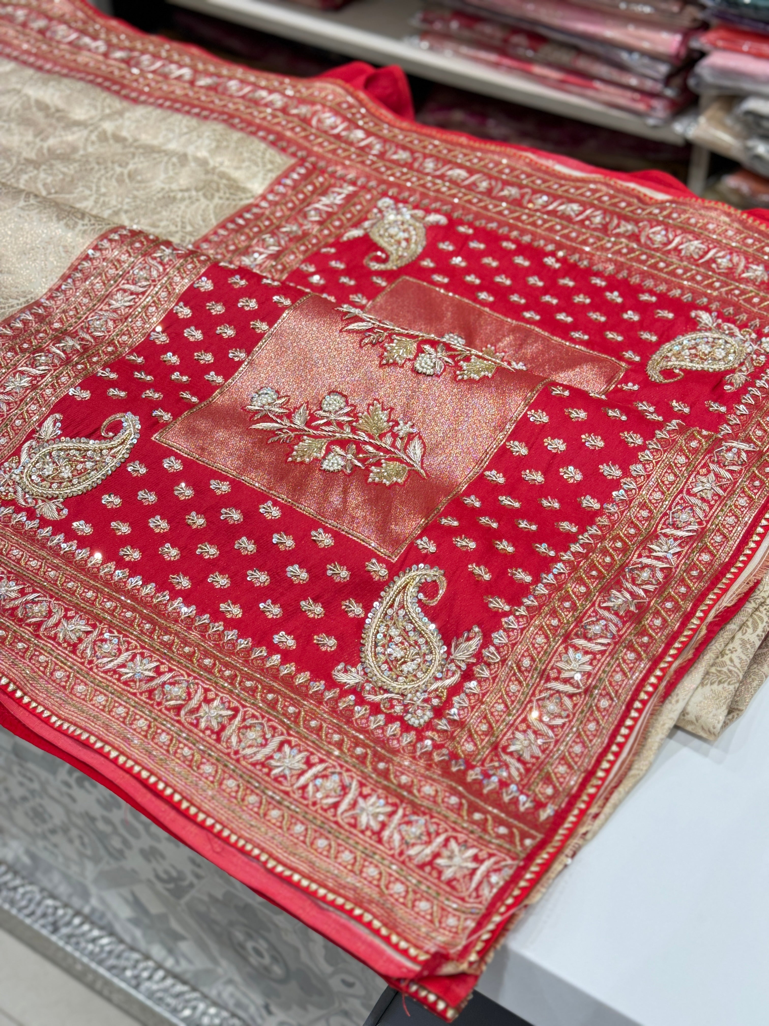 Moti White x Red Banarasi Hand Embroidery Saree