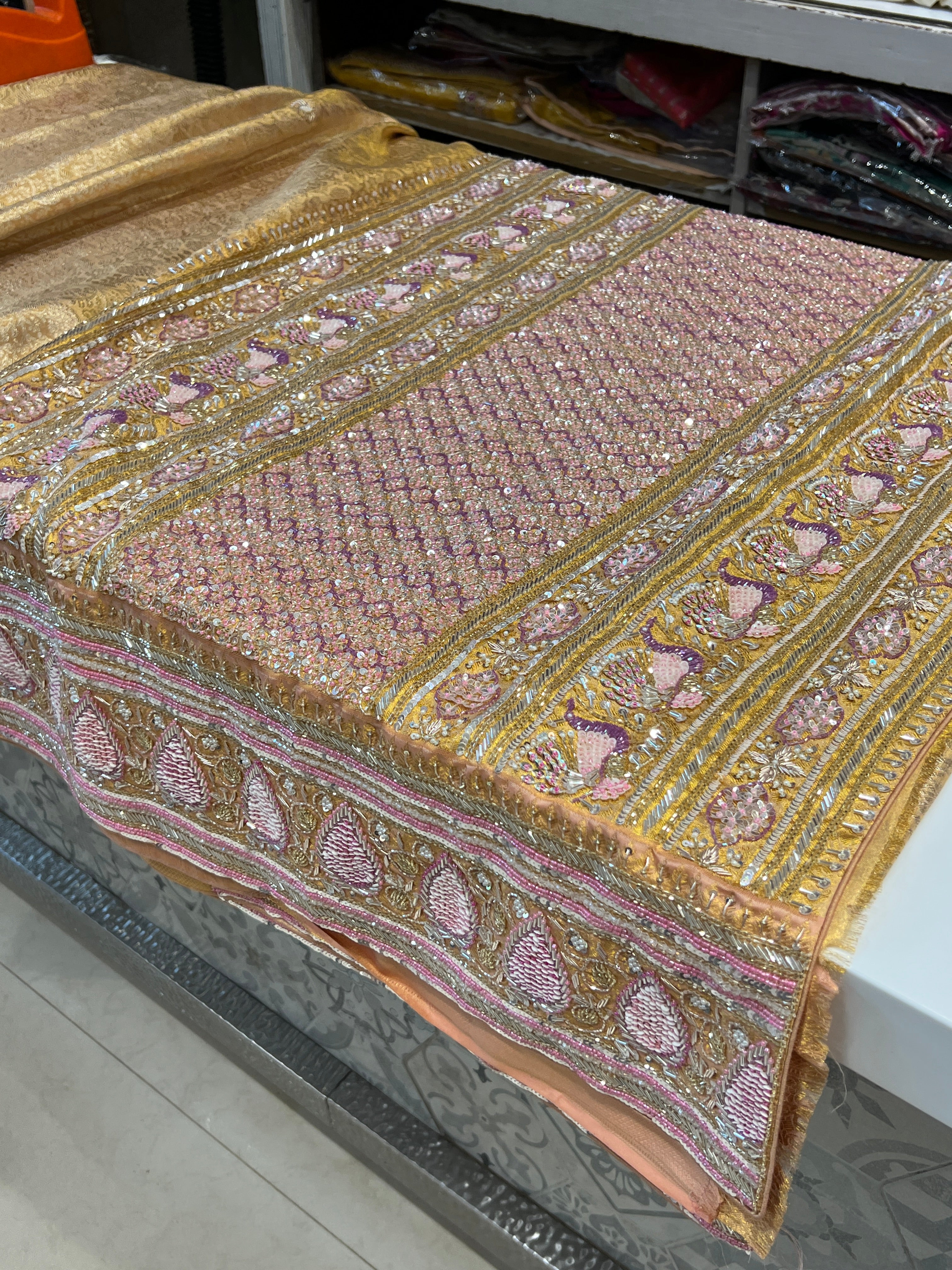 Golden Kanjivaram Moti Zardosi Hand Embroidery Saree