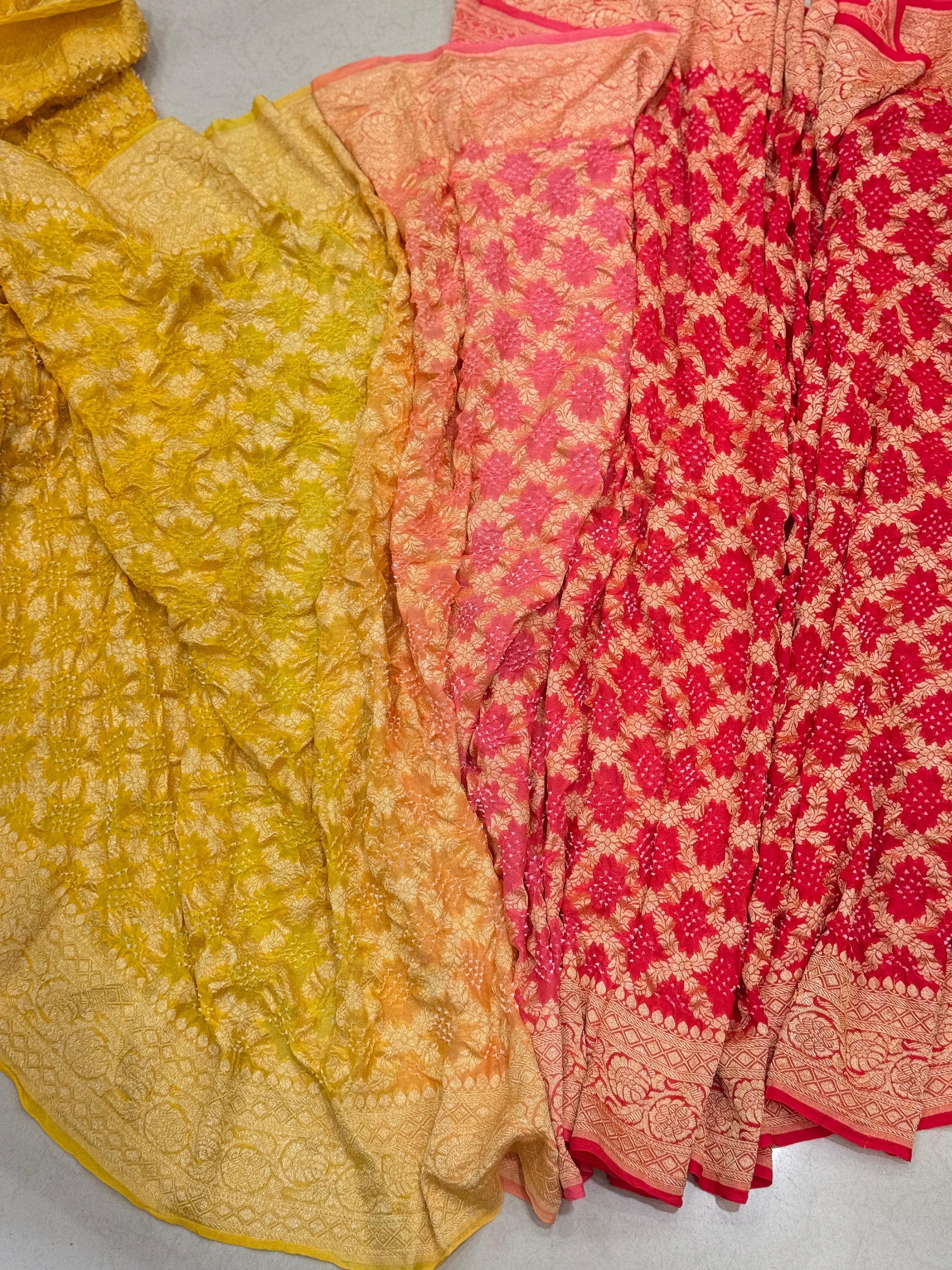 Shaded Rani Six Colour Bandhej Bandhini Saree