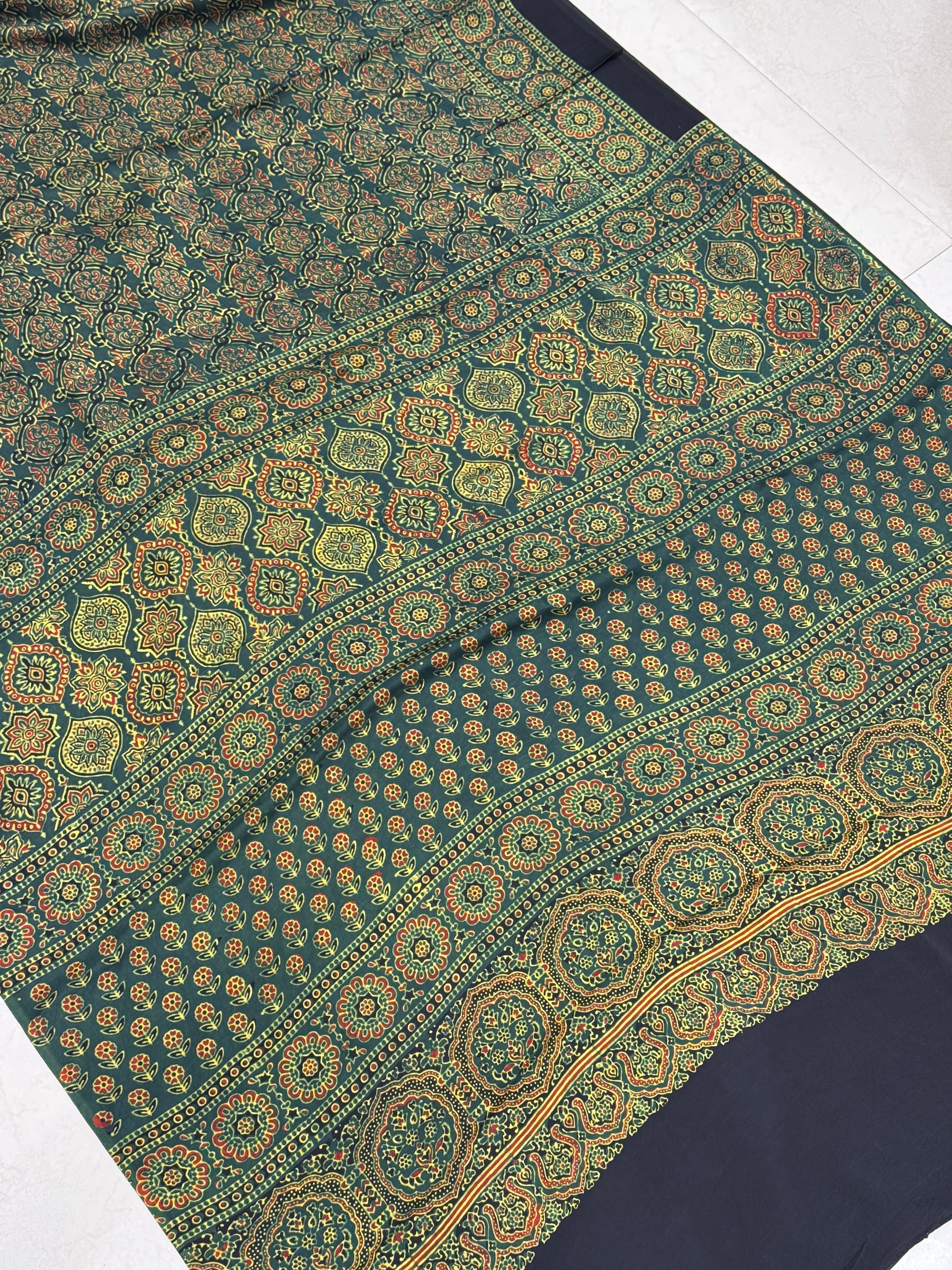 Green Jaal Ajrakh Saree Modal Gajji Silk Hand Block Print