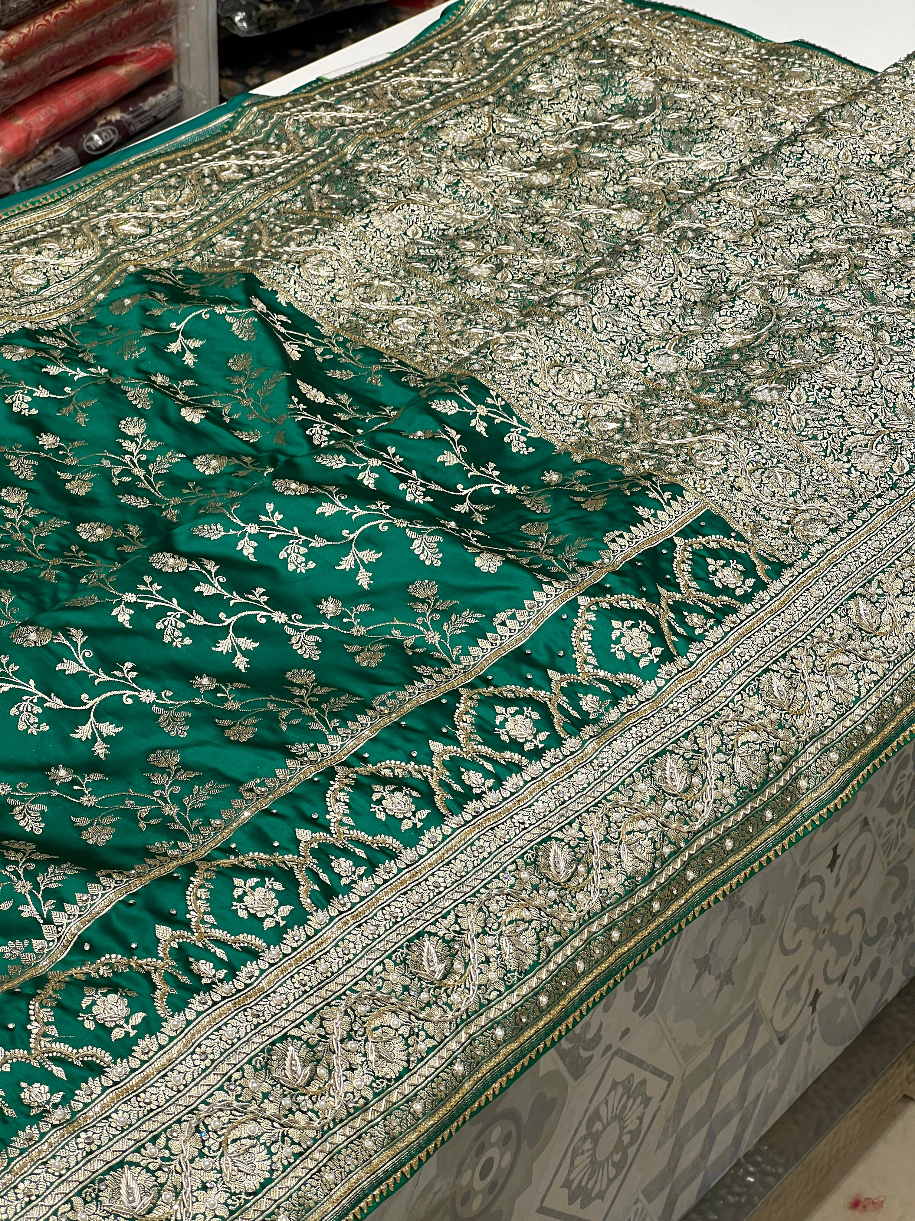 Warm Teal Green Banarasi Chain Embroidery Saree