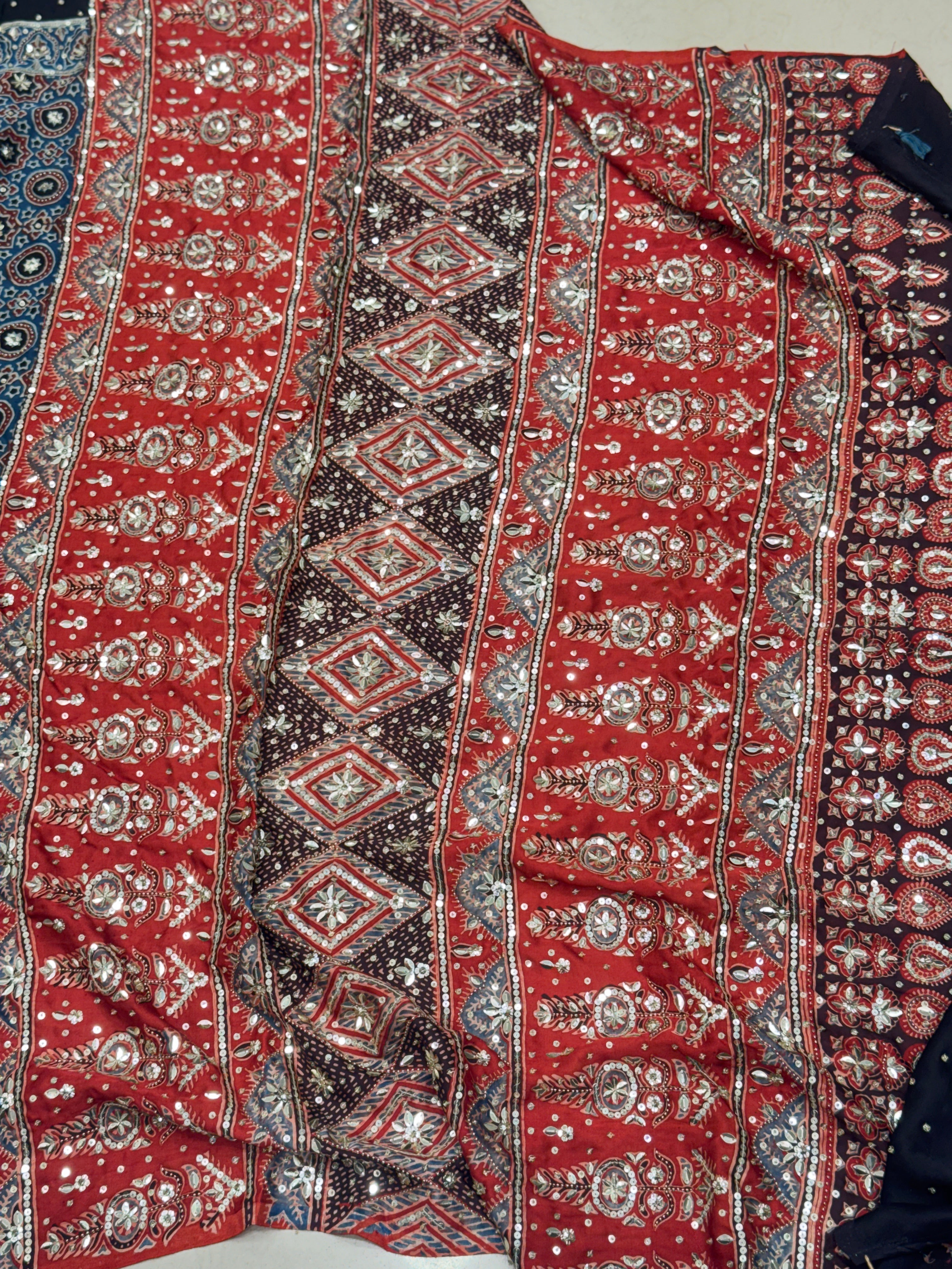 Blue Red Four Square Moti Sequin Ajrakh Hand Embroidery Saree