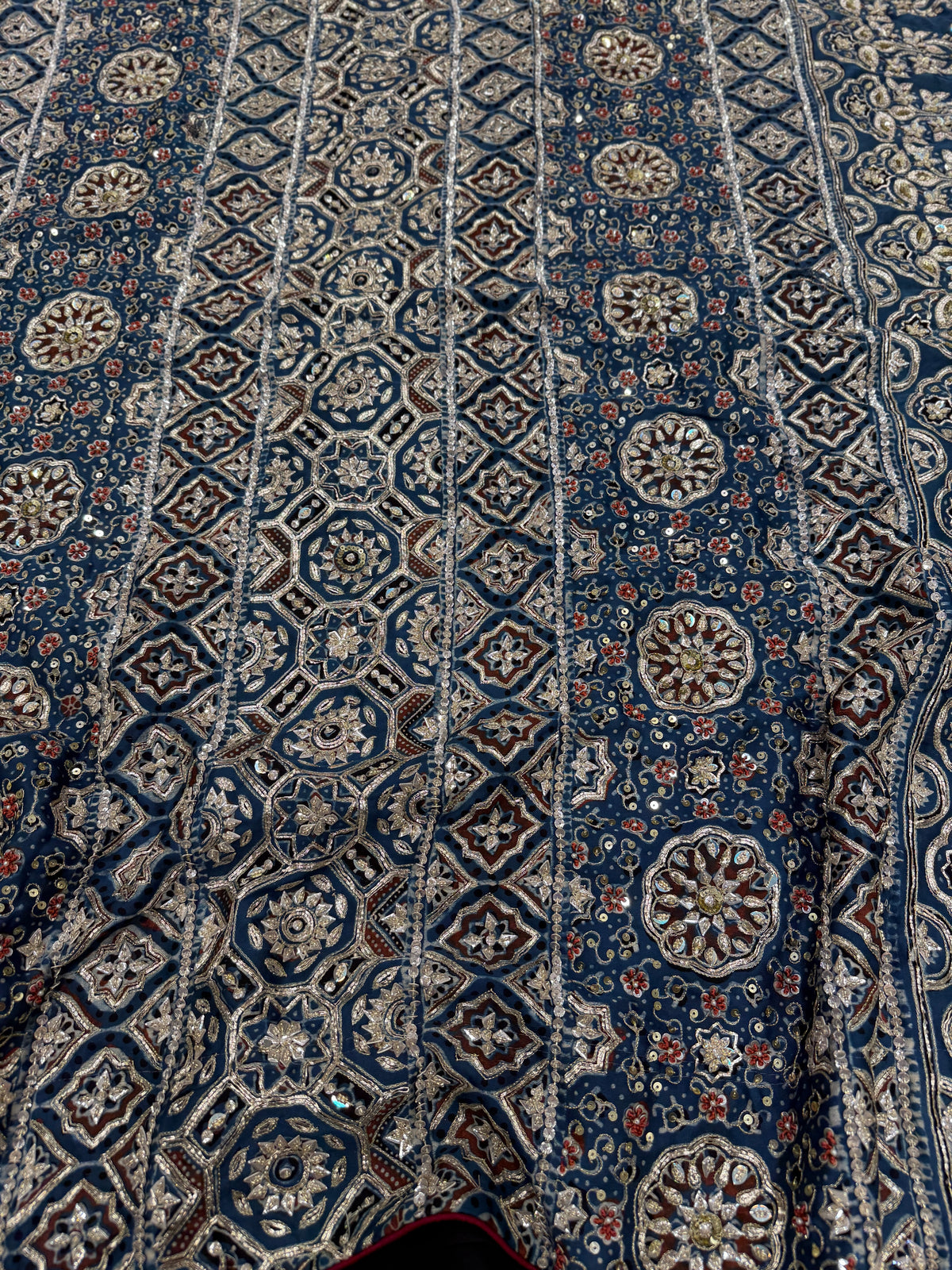 Blue Floral Jaal Pita Zardosi Sequin Ajrakh Hand Embroidery Saree