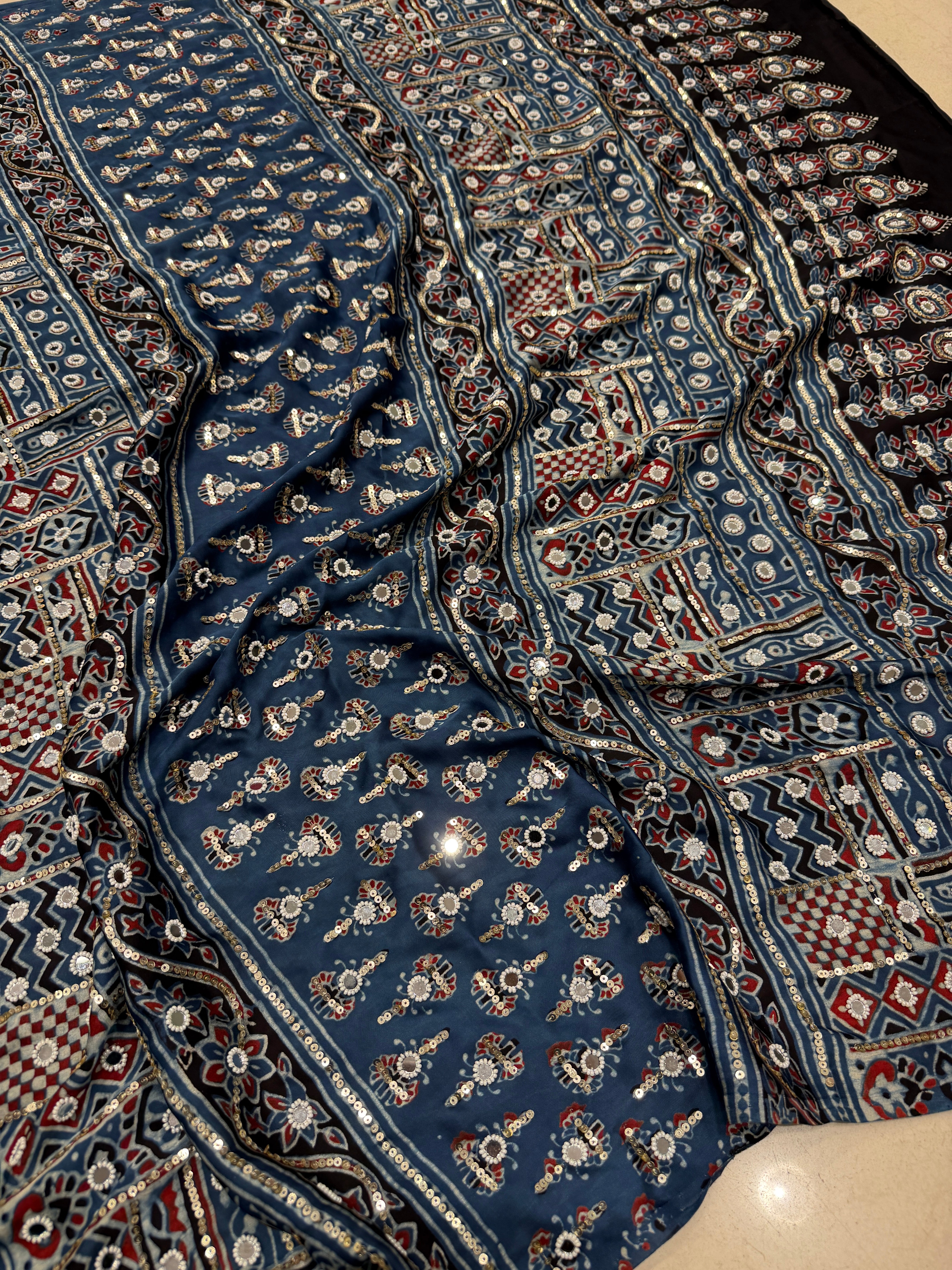 Blue Ajrakh Jaal Real Mirror Moti Sequin Hand Embroidery Saree