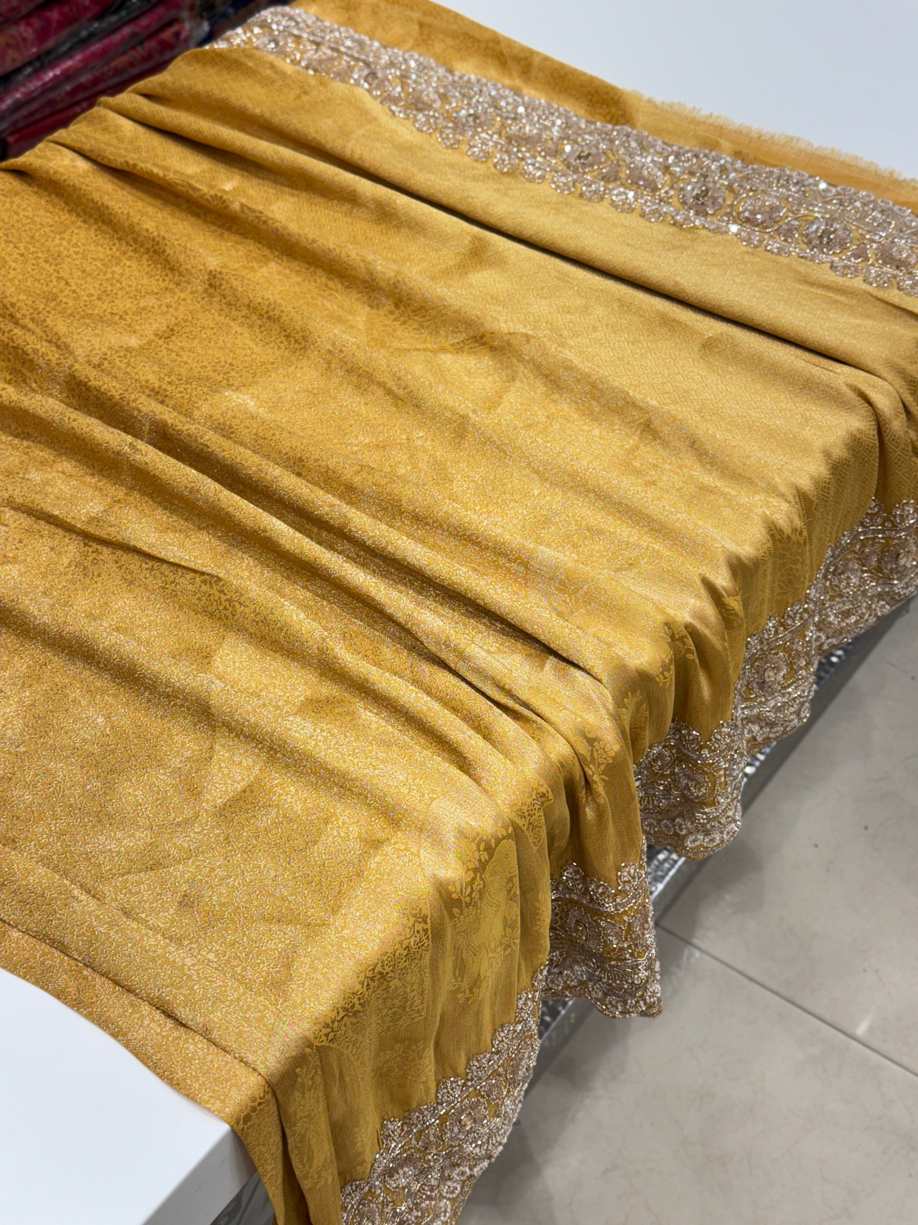 Yellow Soft Silk Moti Cutdana Embroidery Saree