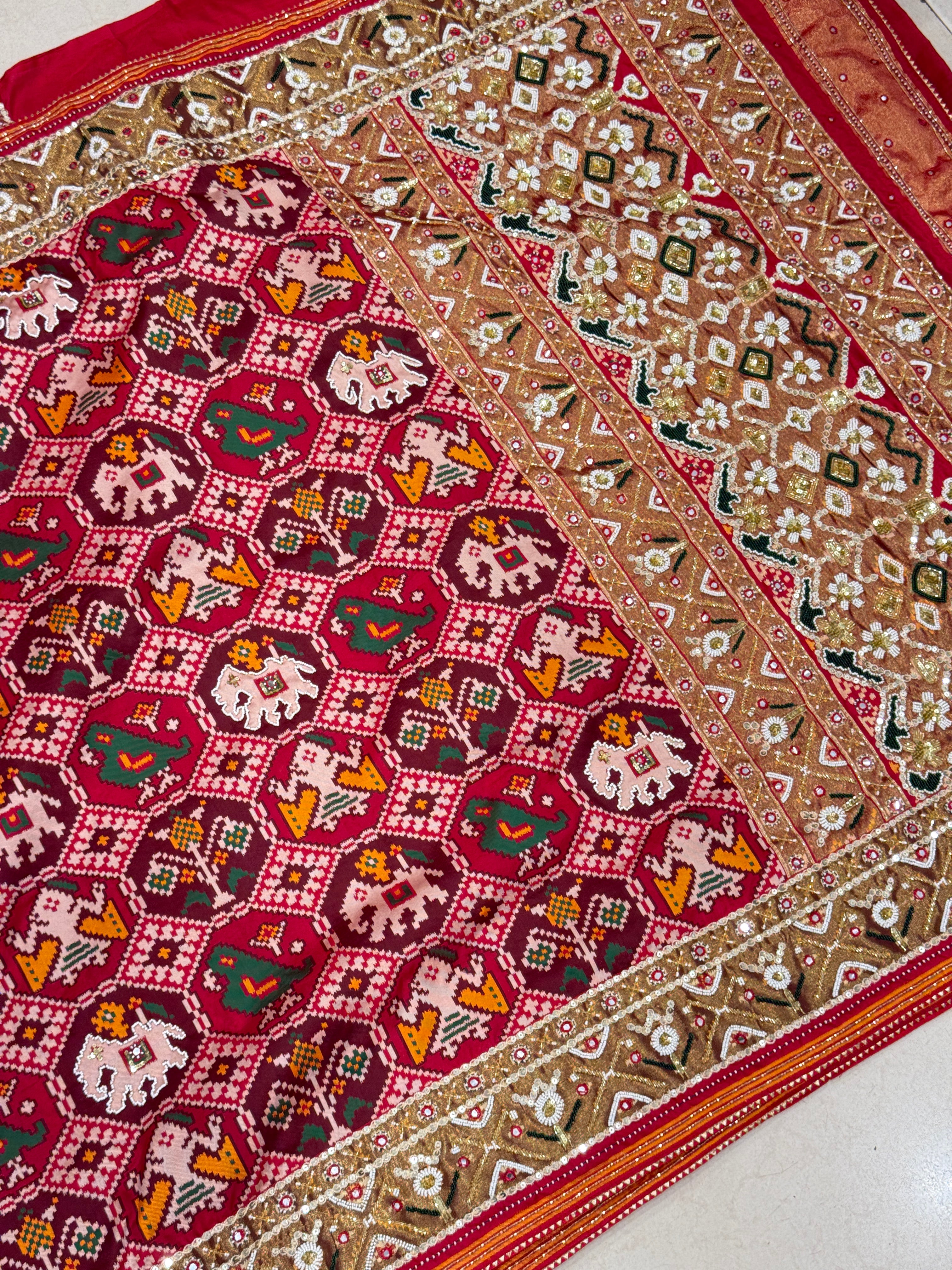 Red Nari Kunjar Bhat Patola Kidiya Moti Hand Embroidery Saree