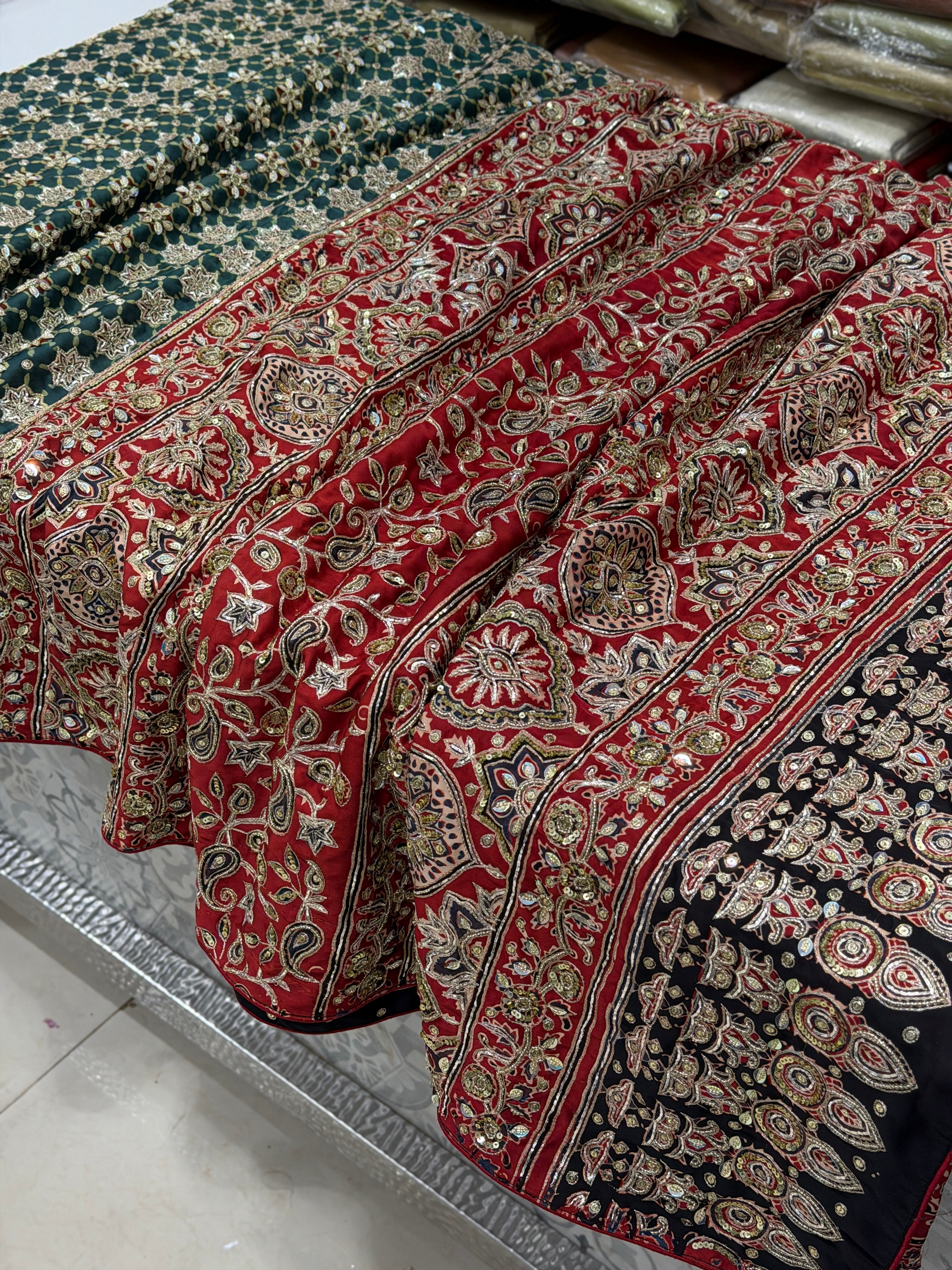 Green Red Floral Jaal Pita Sequin Ajrakh Hand Embroidery Saree