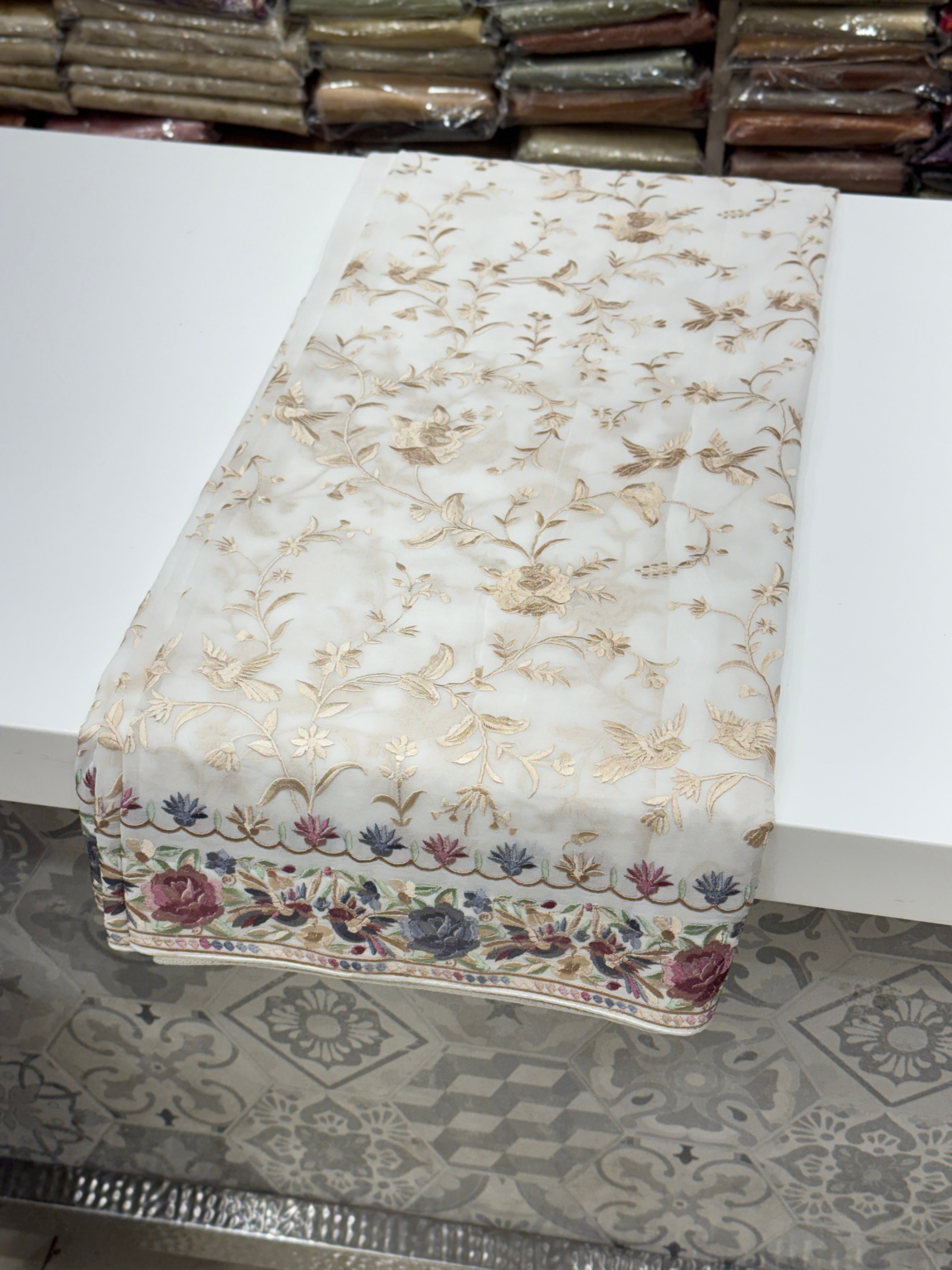 White Georgette Multi Colour Jaal Parsi Gara Saree