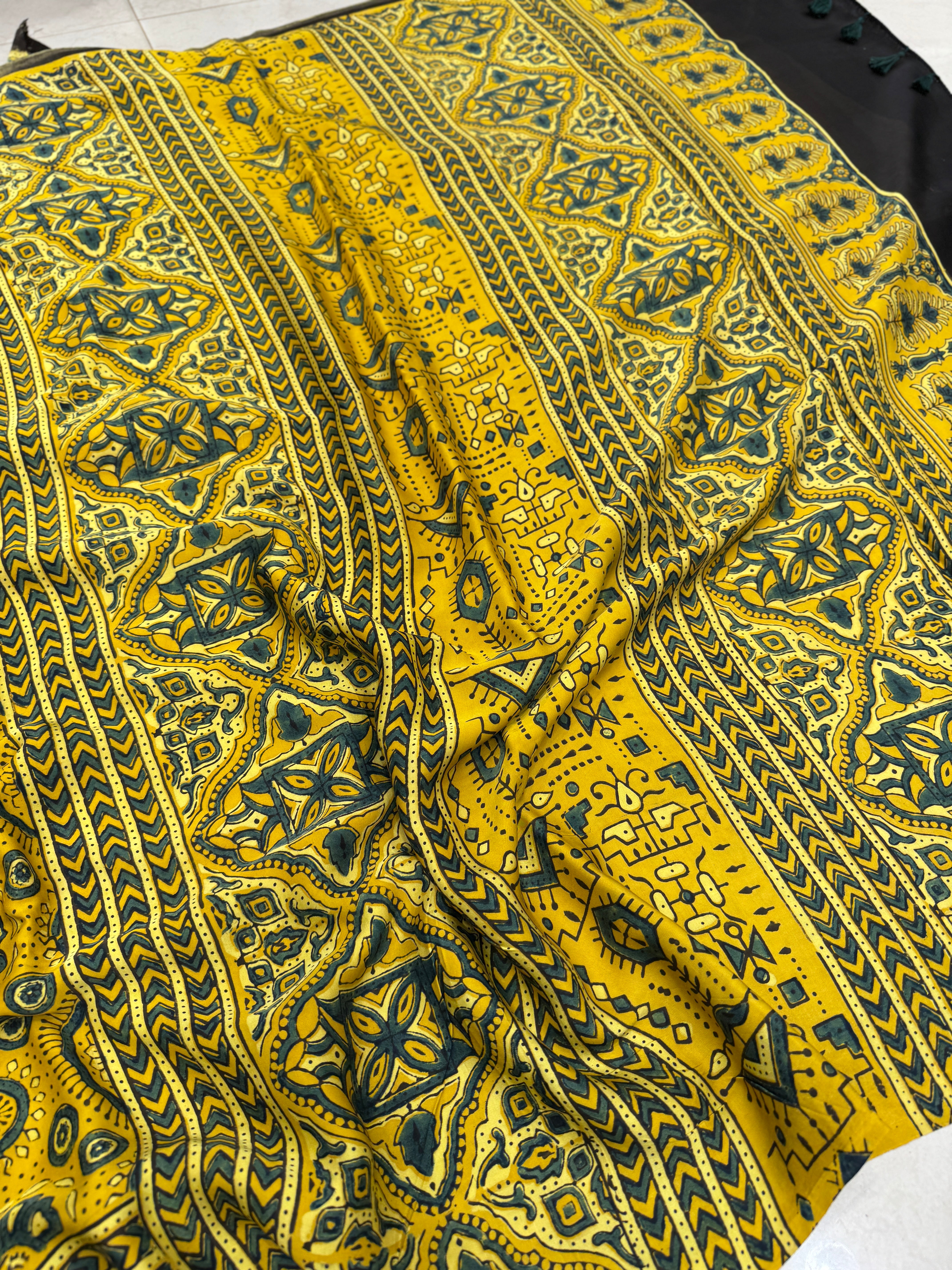 Yellow Floral Butta Pattern Ajrakh Hand Block Print Pure Gajji Silk Saree