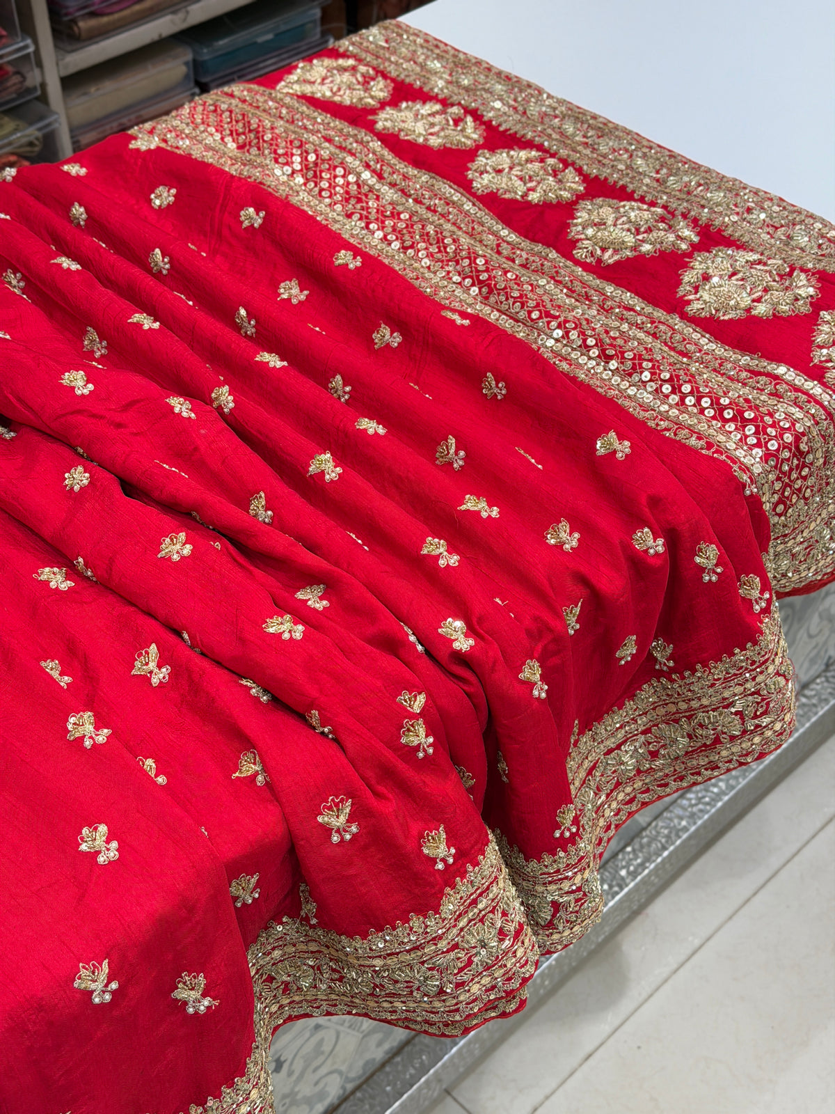 Red Sabyasachi Inspired Matka Silk Marodi Zardosi Buttis Saree