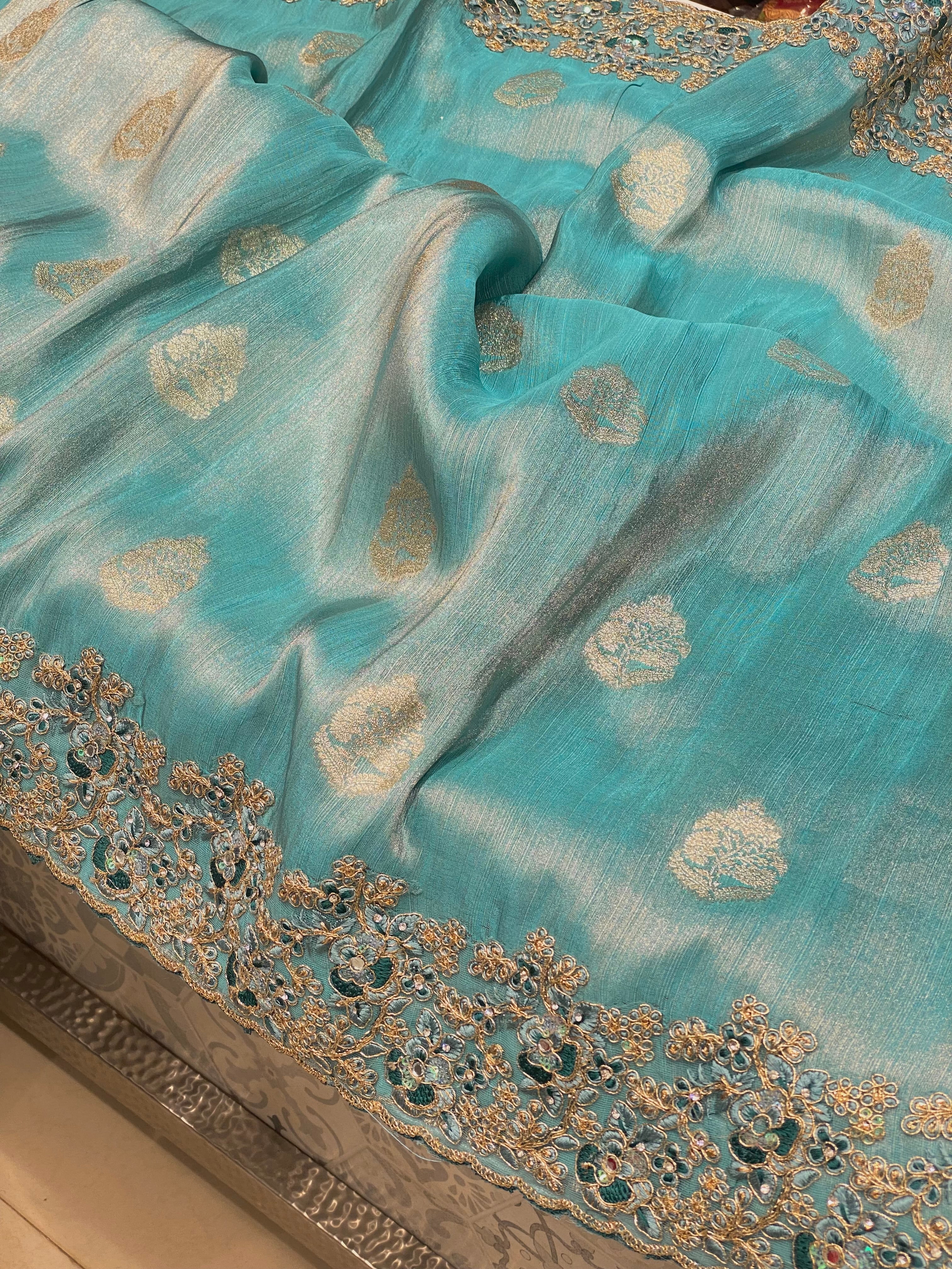 Blue Tissue Butta Border Embroidered Saree