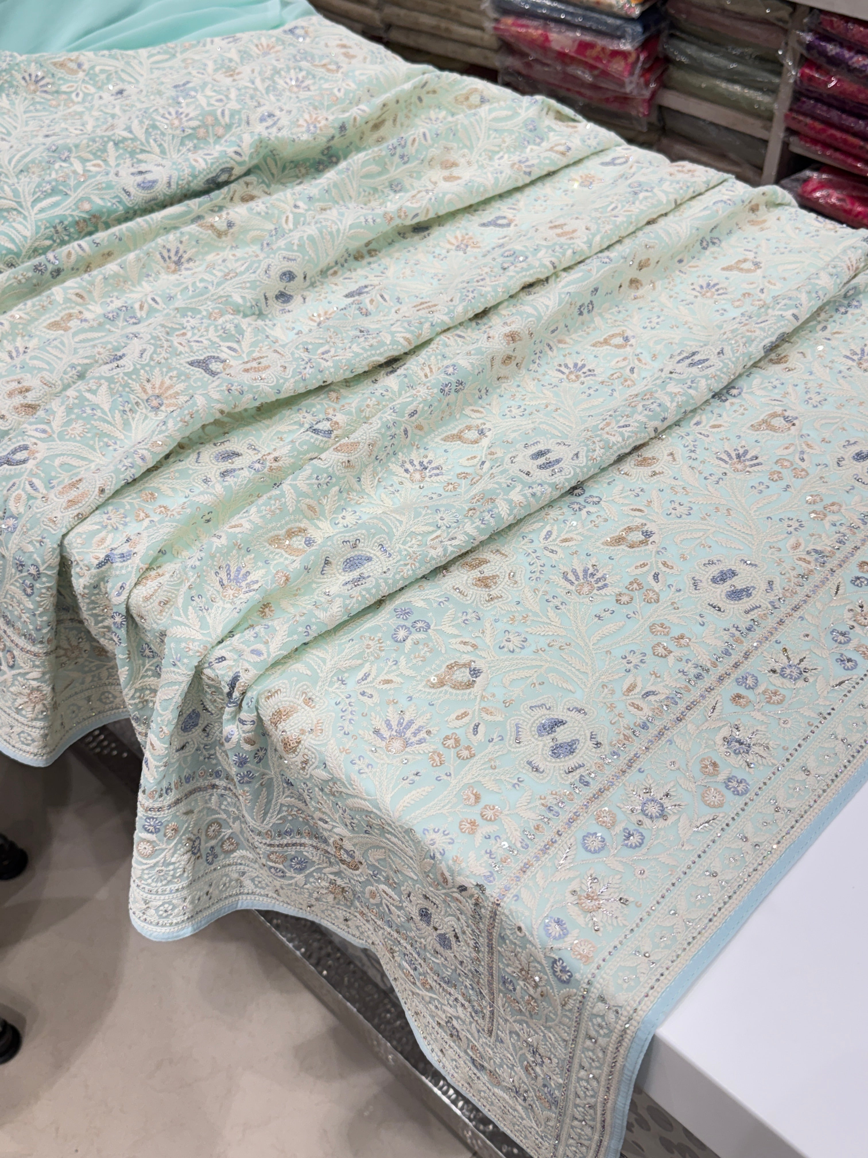 Blue Chikankari Saree Floral Design