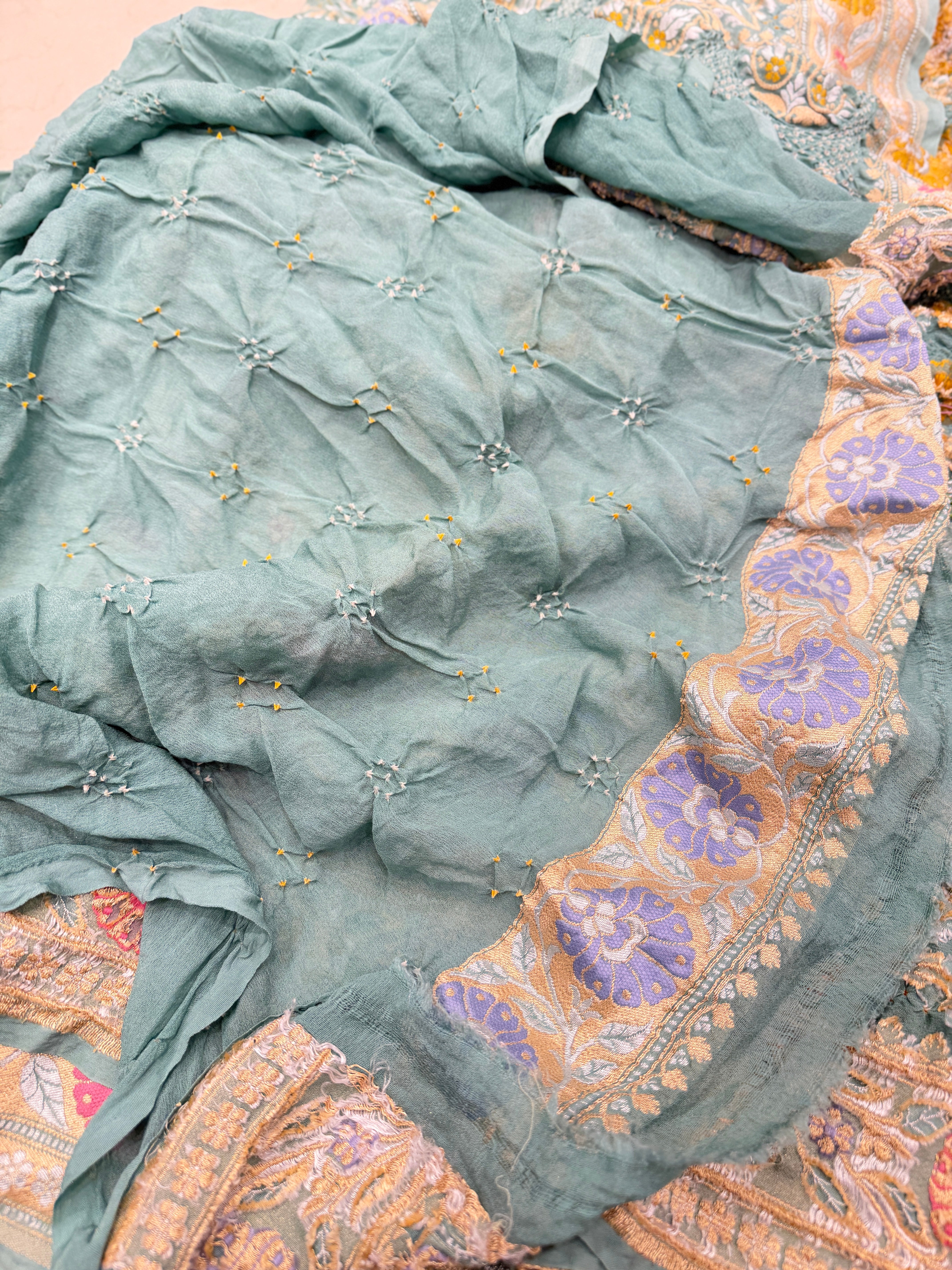Pastel Sea Green Meenakari Jaal Pure Handloom Bandhej Georgette Saree