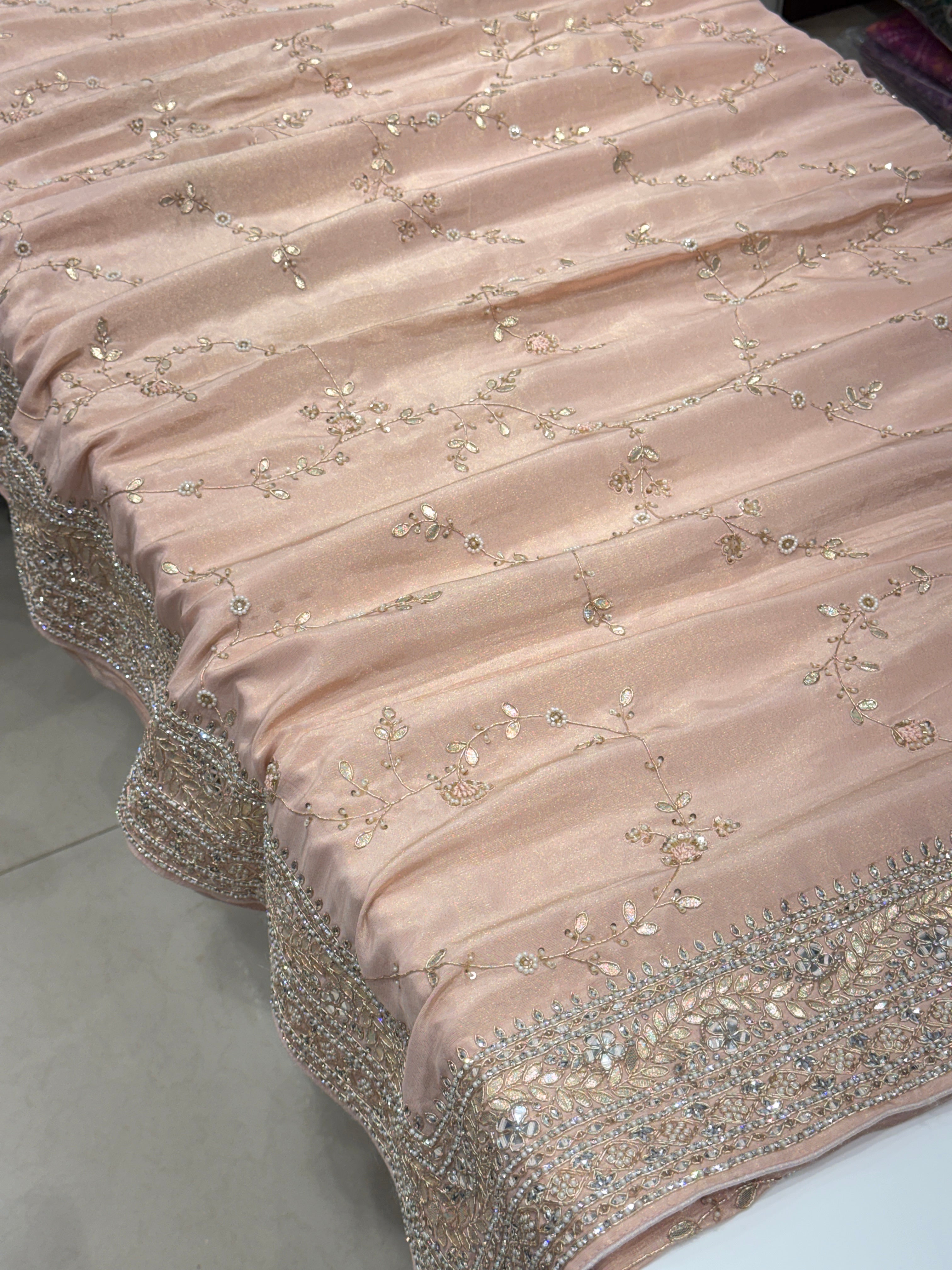 Pink Tissue Hand Embroidery Jaal Saree
