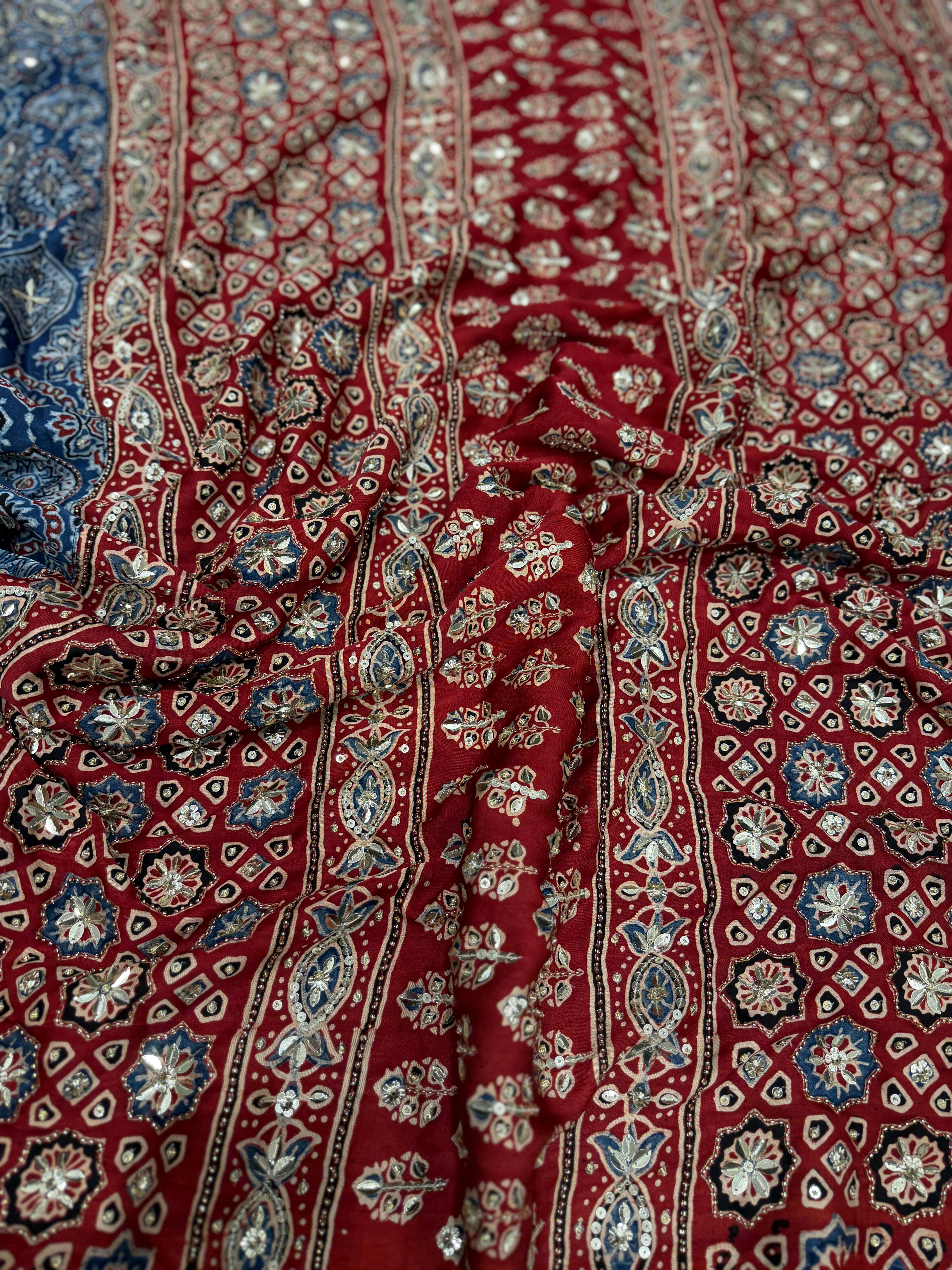 Blue Red Badam Butta Moti Sequin Ajrakh Hand Embroidery Saree
