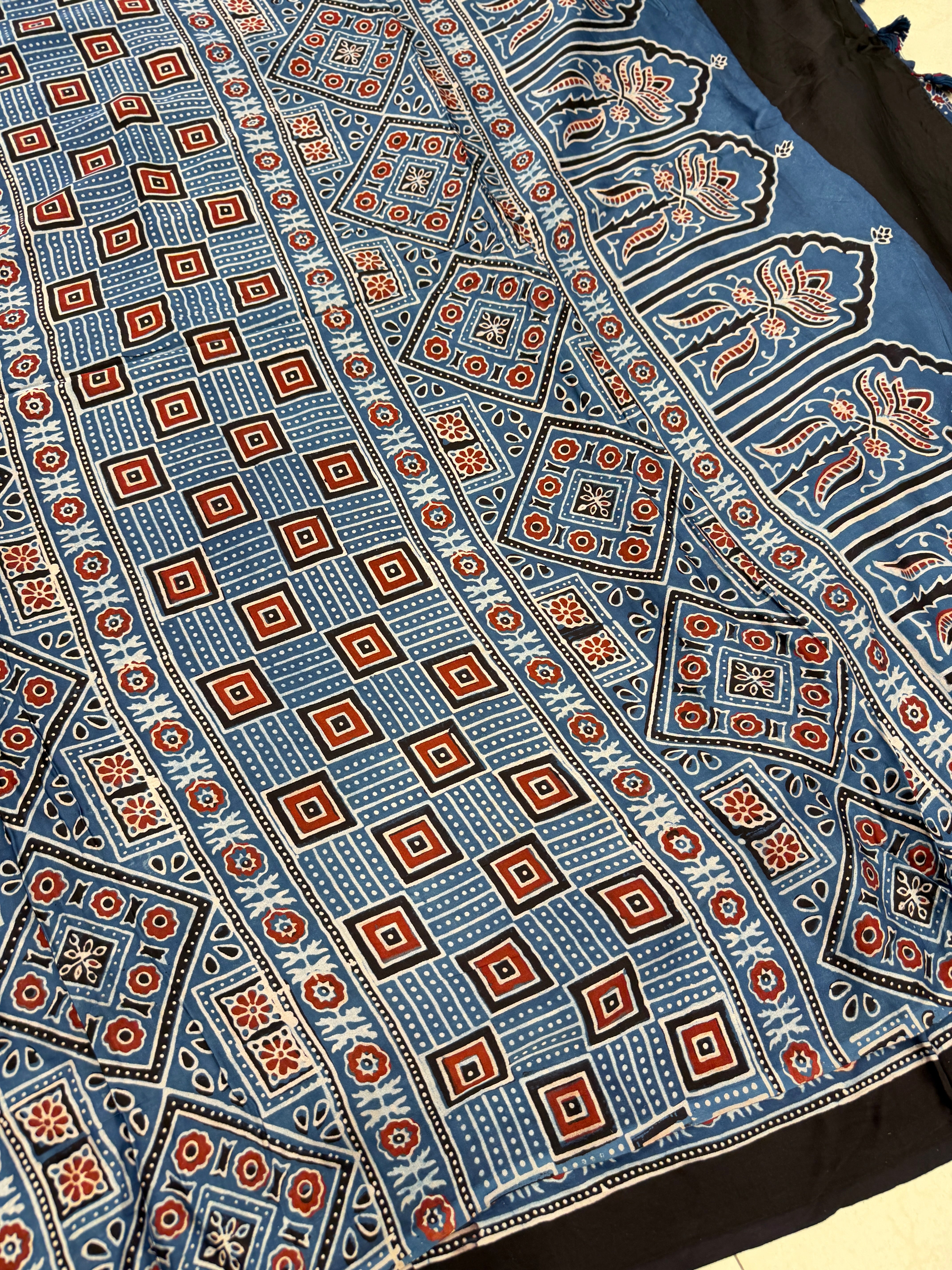 Blue Makkhi Buttis Ajrakh Hand Block Print Pure Gajji Silk Saree